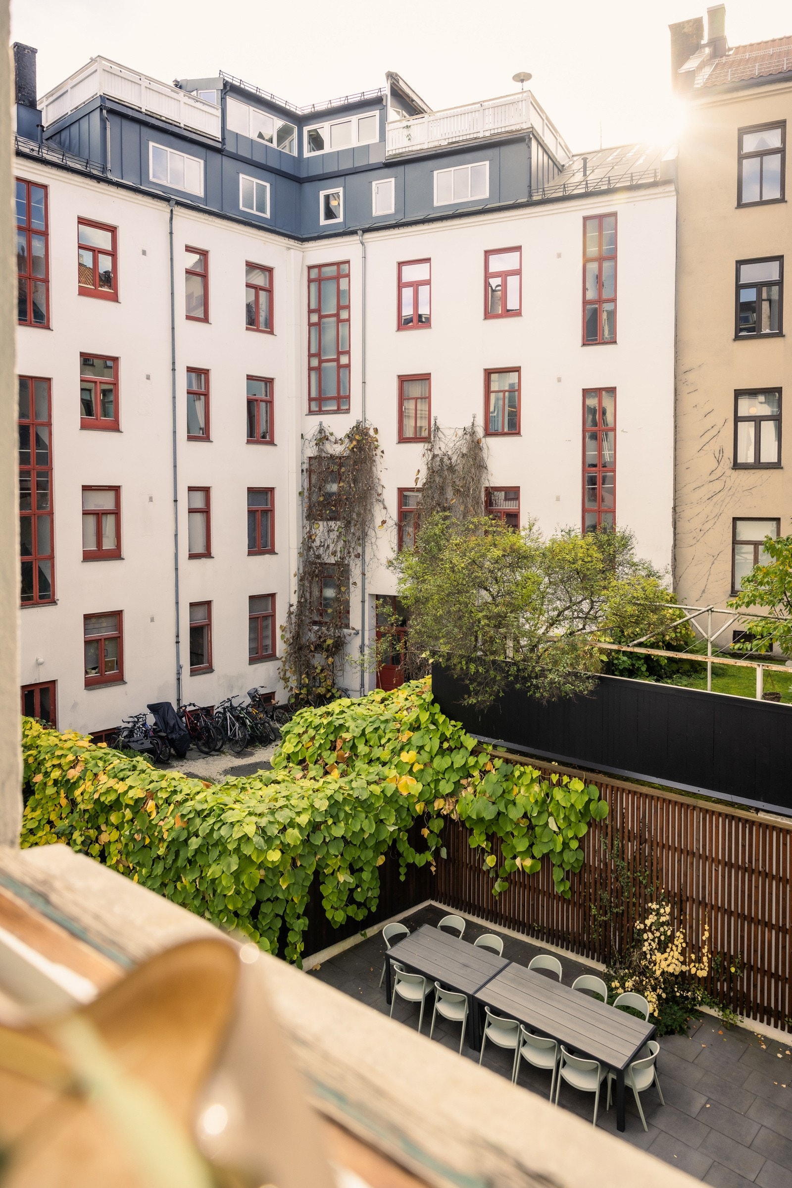 Utsikt mot et hyggelig gårdsrom med beplantning og sittegruppe - et lunt og sosialt uteområde til felles bruk. Galleribilde