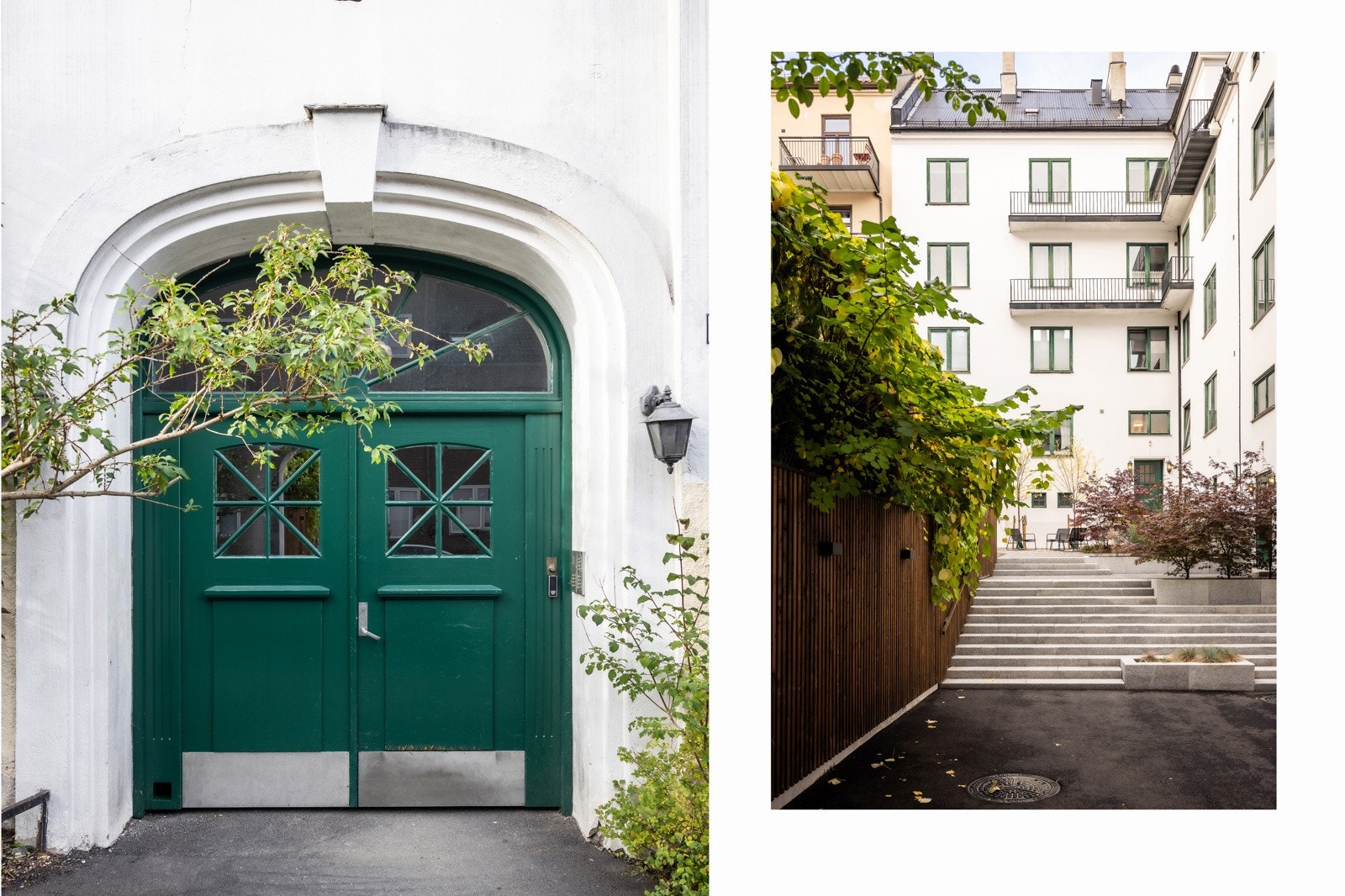 Klassisk inngangsparti med grønn port og adkomst til det stille gårdsrommet - en sjarmerende kombinasjon av byliv og rolig bakgårdsmiljø. Galleribilde