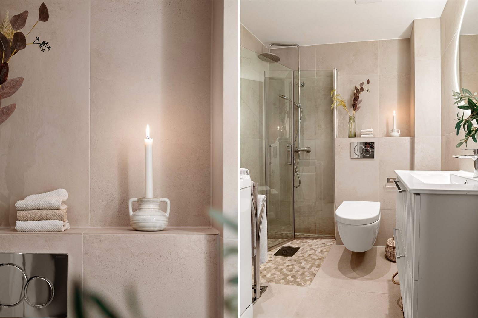 Badet er utstyrt med nedfelt servant med underskap, vegghengt speil med belysning, vegghengt toalett og dusjhjørne med svingbare dusjdører i glass. Galleribilde