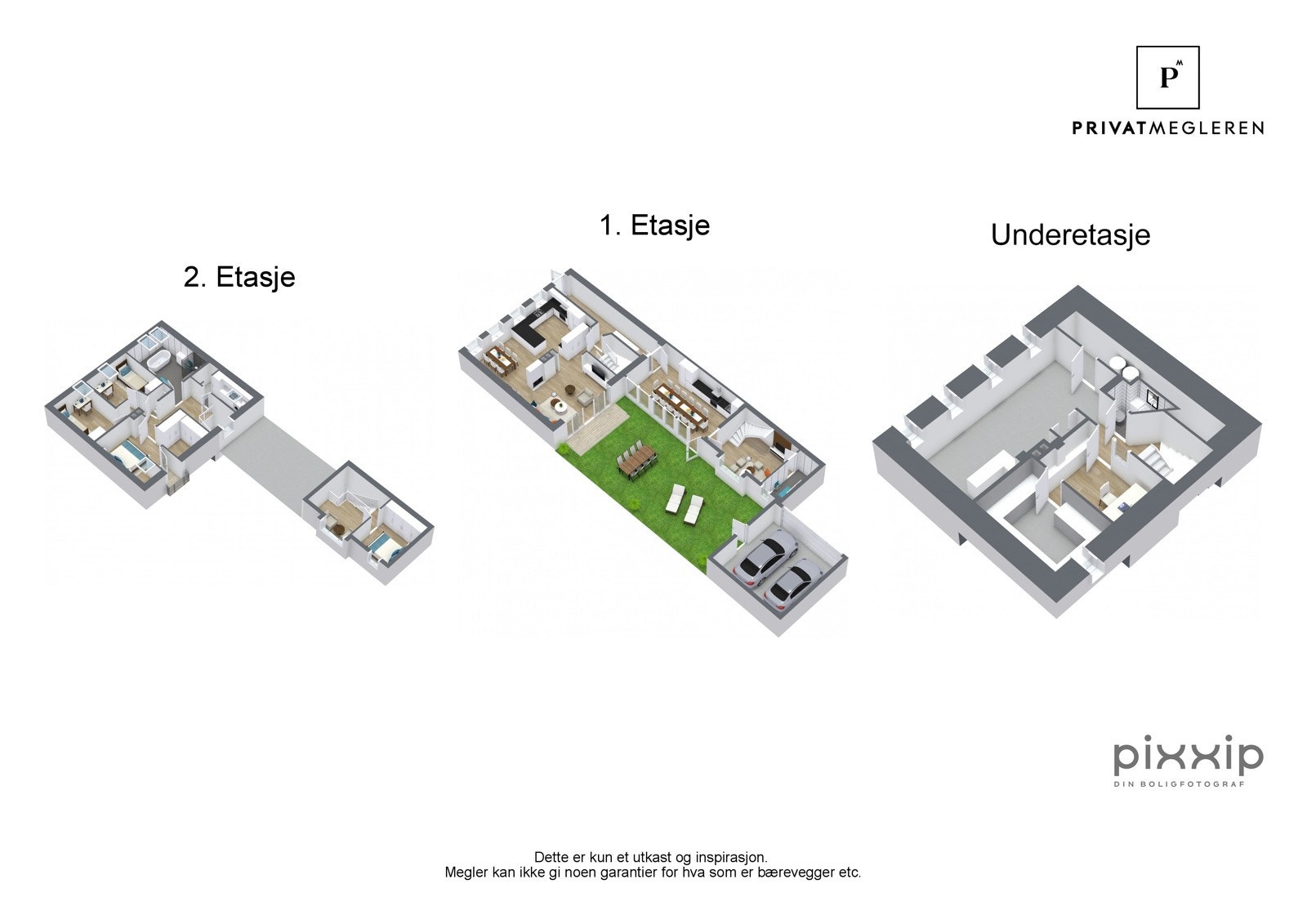3D plantegning alle tre etasjer, ikke målsatt, kun en illustrasjon Galleribilde