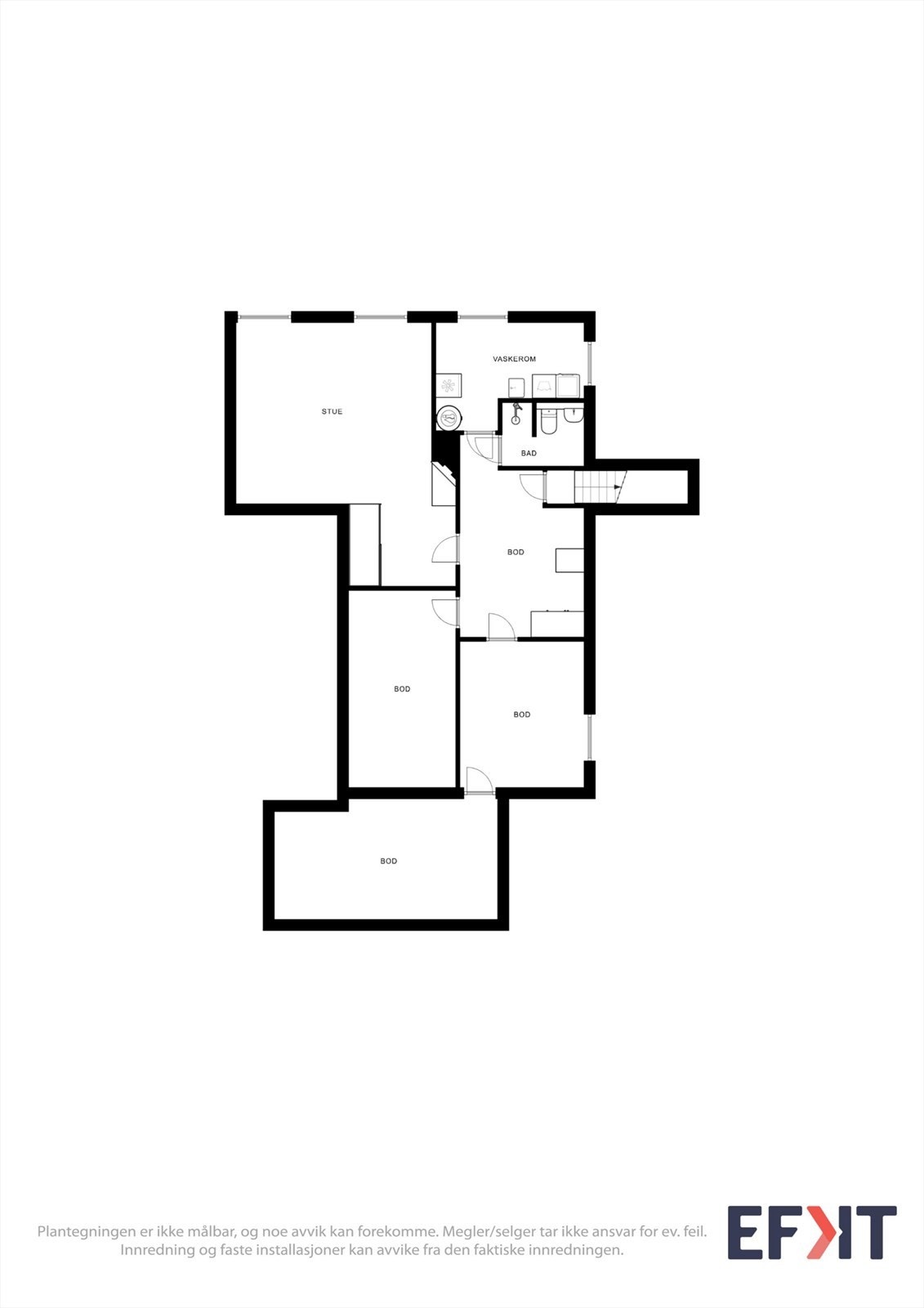 Vi beveger oss ned i kjelleren, som inneholder kjellerstue, vaskerom, toalettrom og boder. Galleribilde