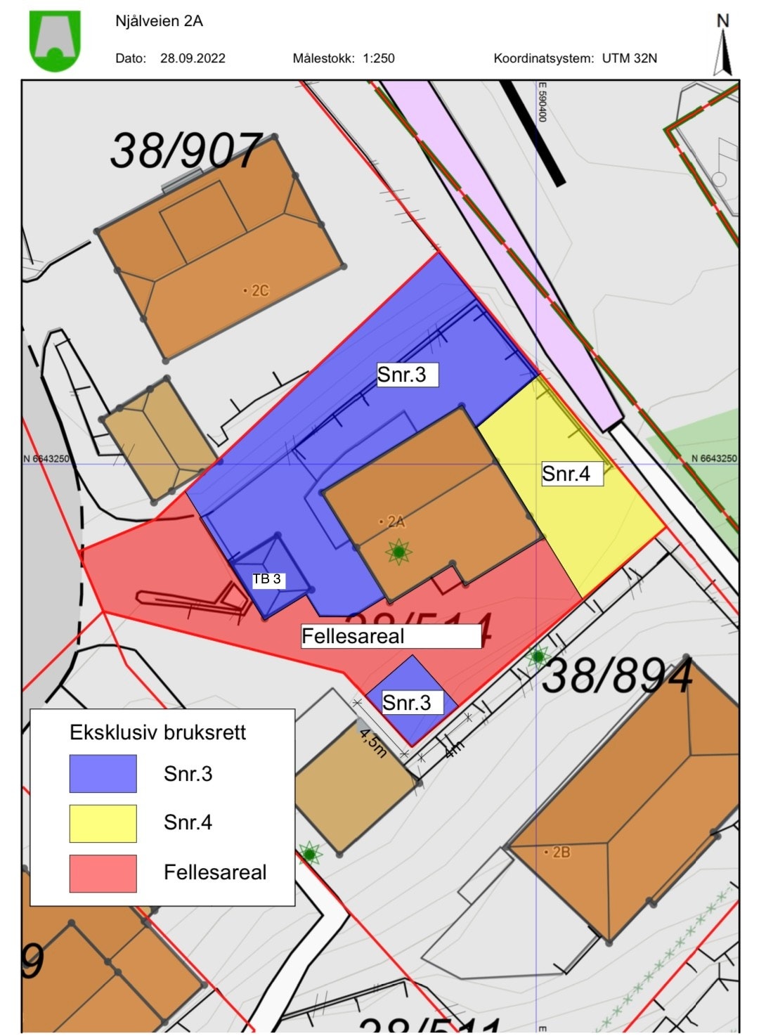 Seksjon 3 (markert med blått) er privat for denne seksjonen - Rødt er merket som felles og gjesteparkering. Galleribilde