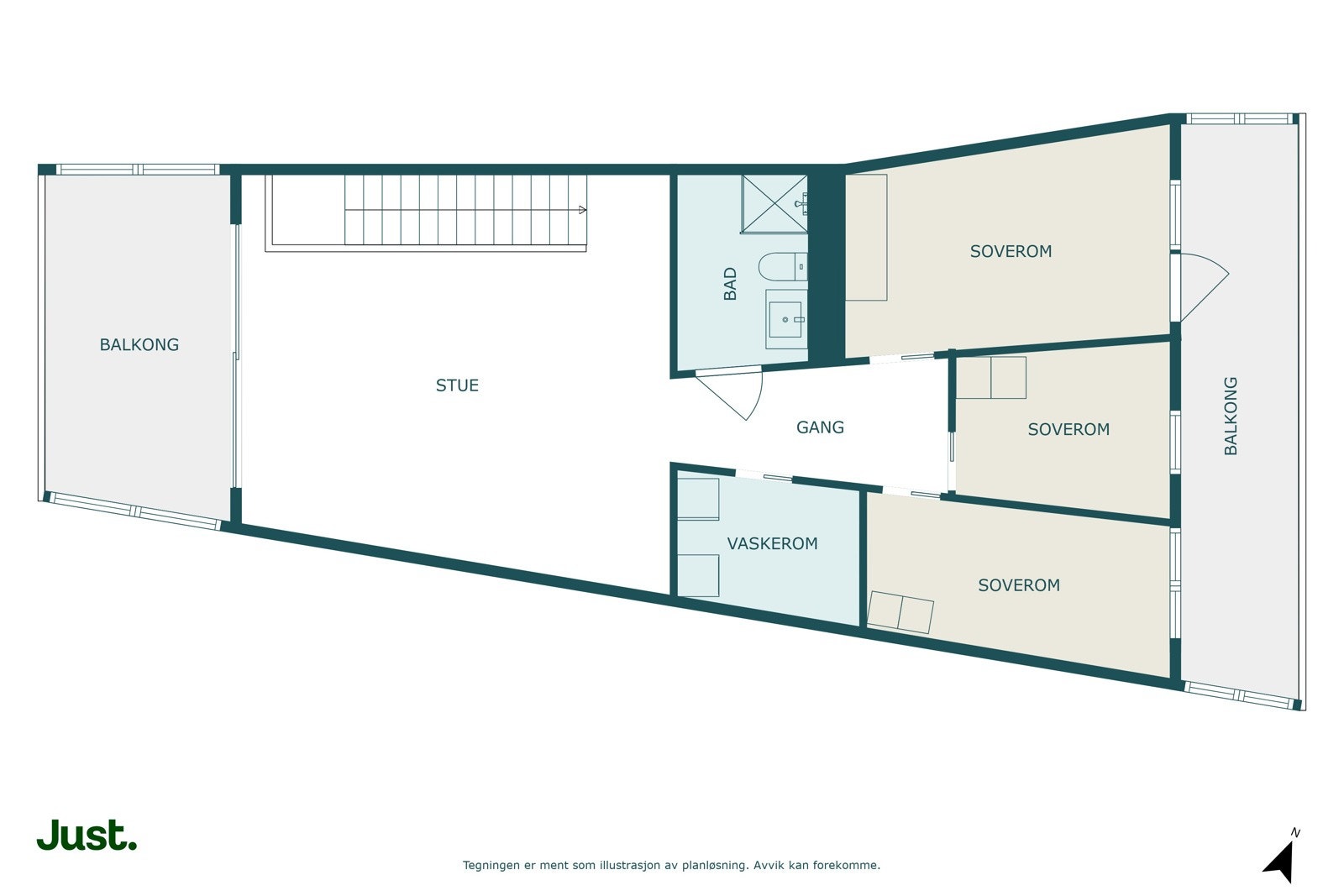 Planskisse 2.etasje. Legg merke til balkongene på begge sider av leiligheten.