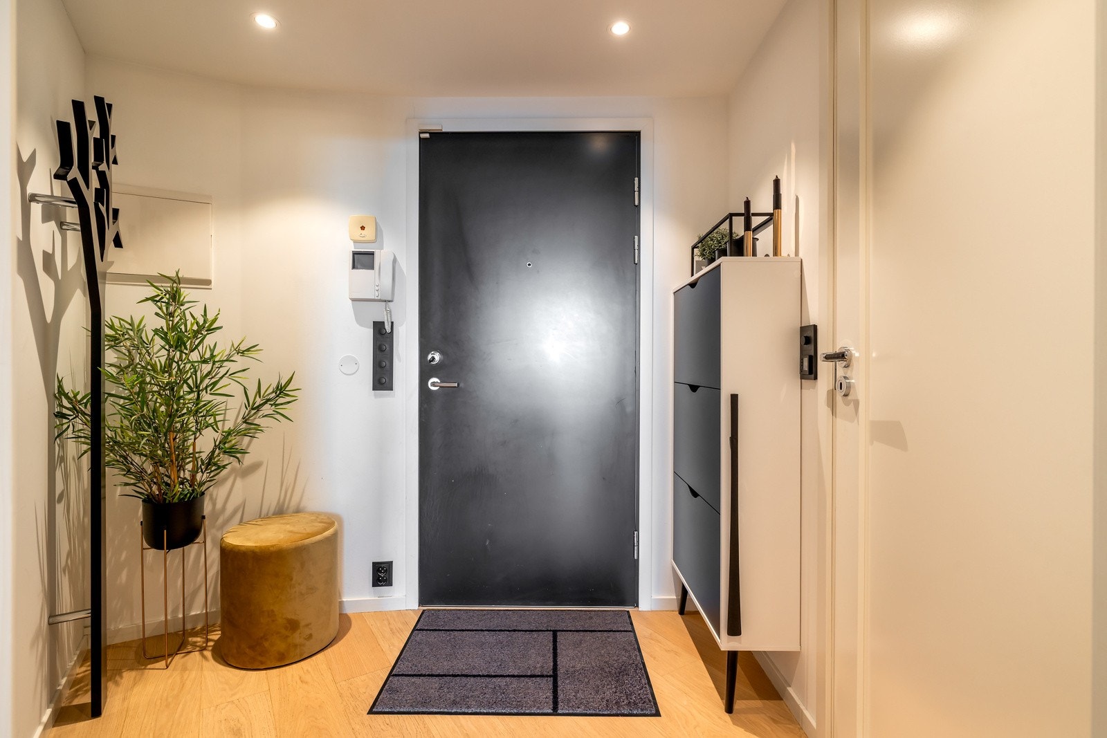 I entreen ønskes man velkommen med lysmalte tak og veggflater, downlights i himlingen og gyllen 1-stavs parkett på gulv. Det er plass til garderobeløsning, og ved inngangsdøren er det montert dørcalling med åpner. Galleribilde