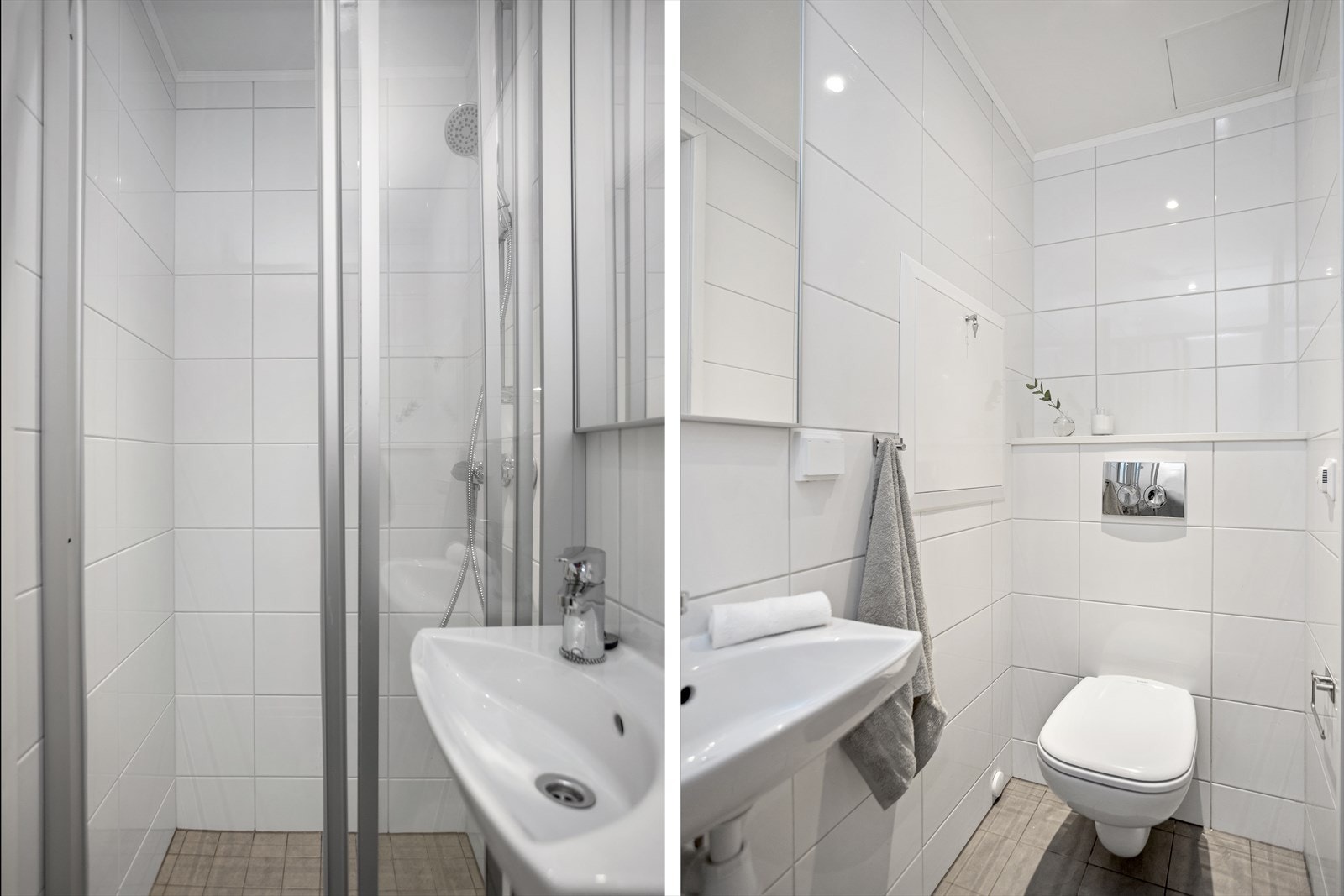 Leilighetens andre bad er også innredet med toalett og dusj og har samme fliser både på gulv og vegger som på hovedbadet. I tillegg er det også her innfelte downlights med nivåjustering i himlingen. Galleribilde