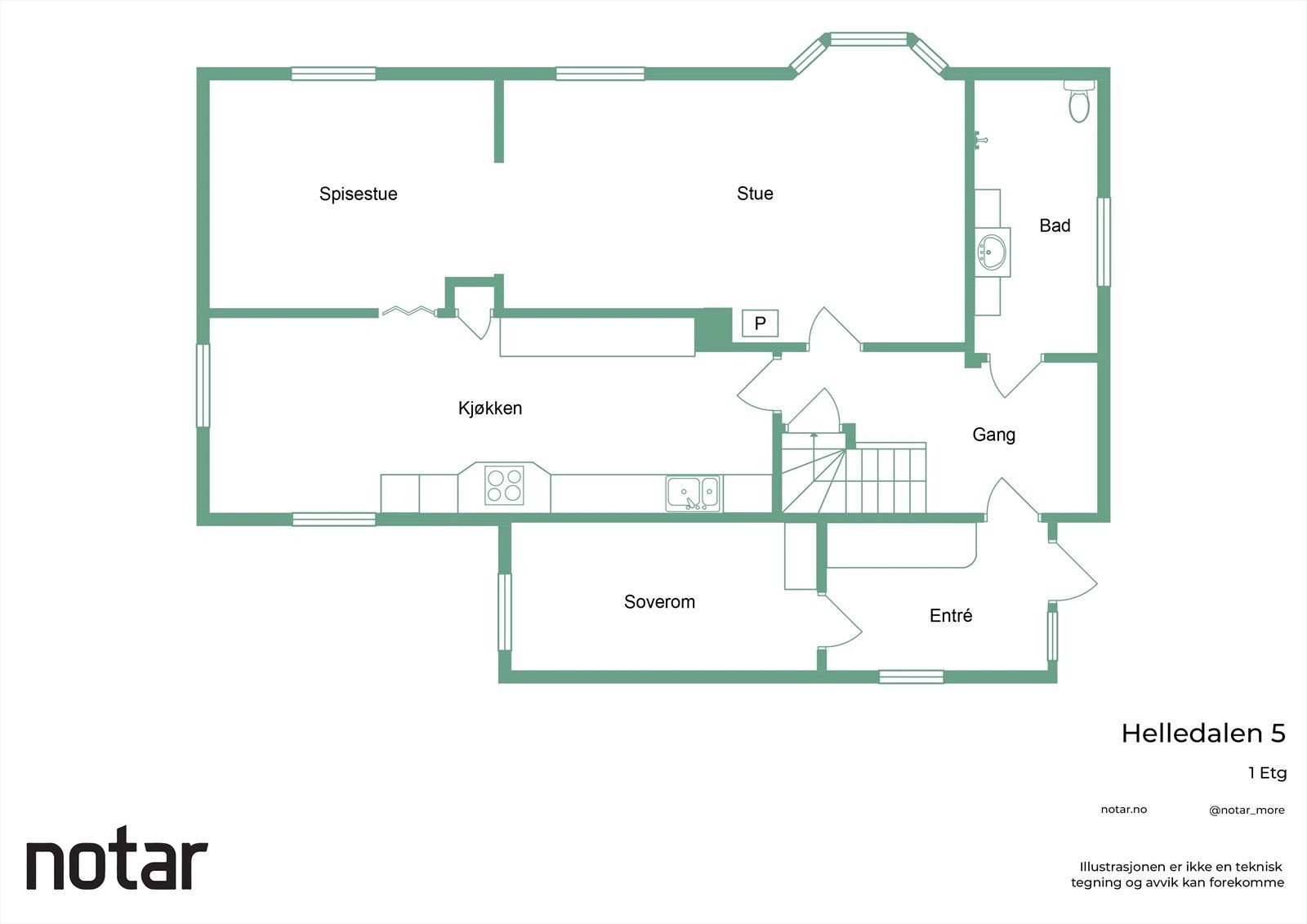 Planløsning 1. Etasje
Tegninger viser dagens rominndeling og bruk. Det foreligger ikke byggemeldte godkjente tegninger, og det er derfor ikke grunnlag for å avklare lovlighet. Galleribilde