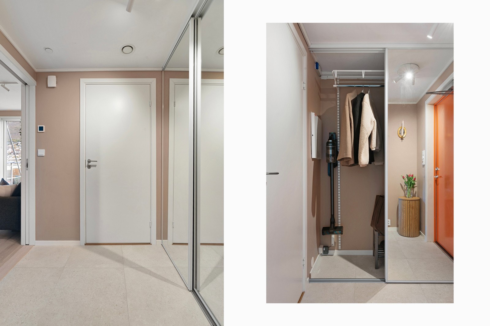 Velkommen inn! Entreen er innredet med skyvedørsgarderobe med god plass for sko og yttertøy.