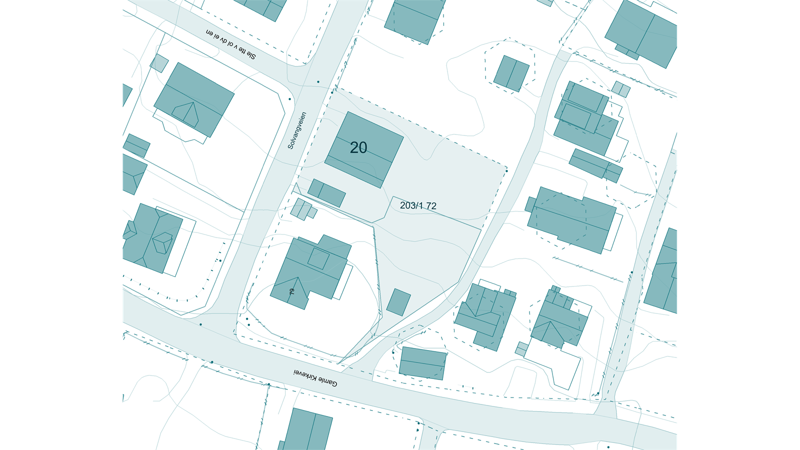 Skisserte tomtegrenser - Eiendommen med gnr. 203 og bnr. 172 er delt opp i 2 teiger med totalt areal på ca. 1.180 kvm. Galleribilde