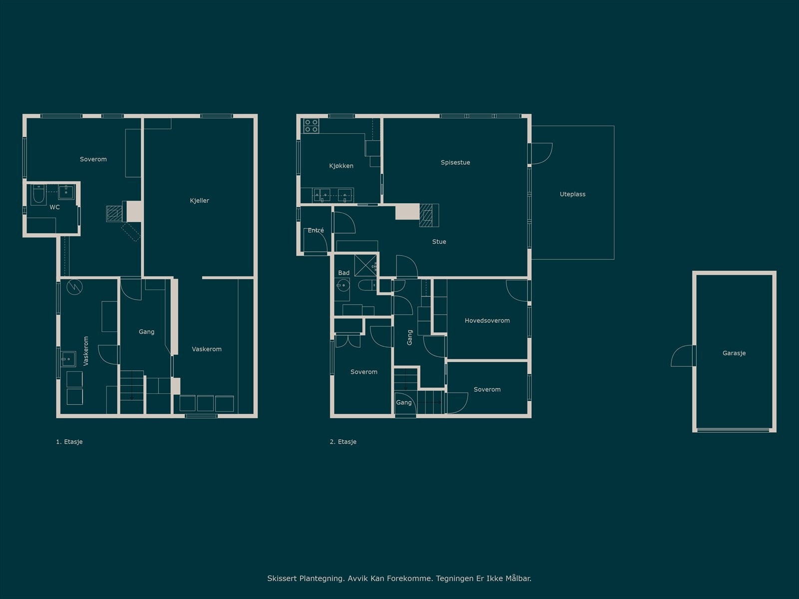 Skissert plantegning av begge etasjene. Rom definert som soverom i 1. etasje (kjeller), er ikke godkjent for varig opphold. Boligen inneholder 3 soverom og alle er i hovedetasjen. Galleribilde
