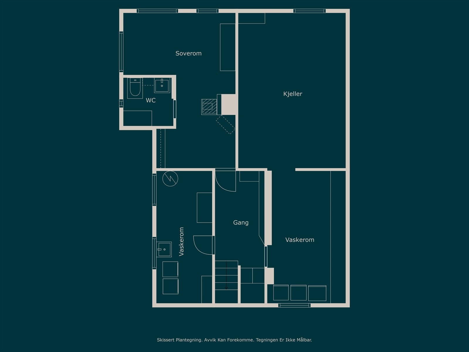 Skissert plantegning av kjelleren. Rom definert som soverom er ikke godkjent til varig opphold. Galleribilde