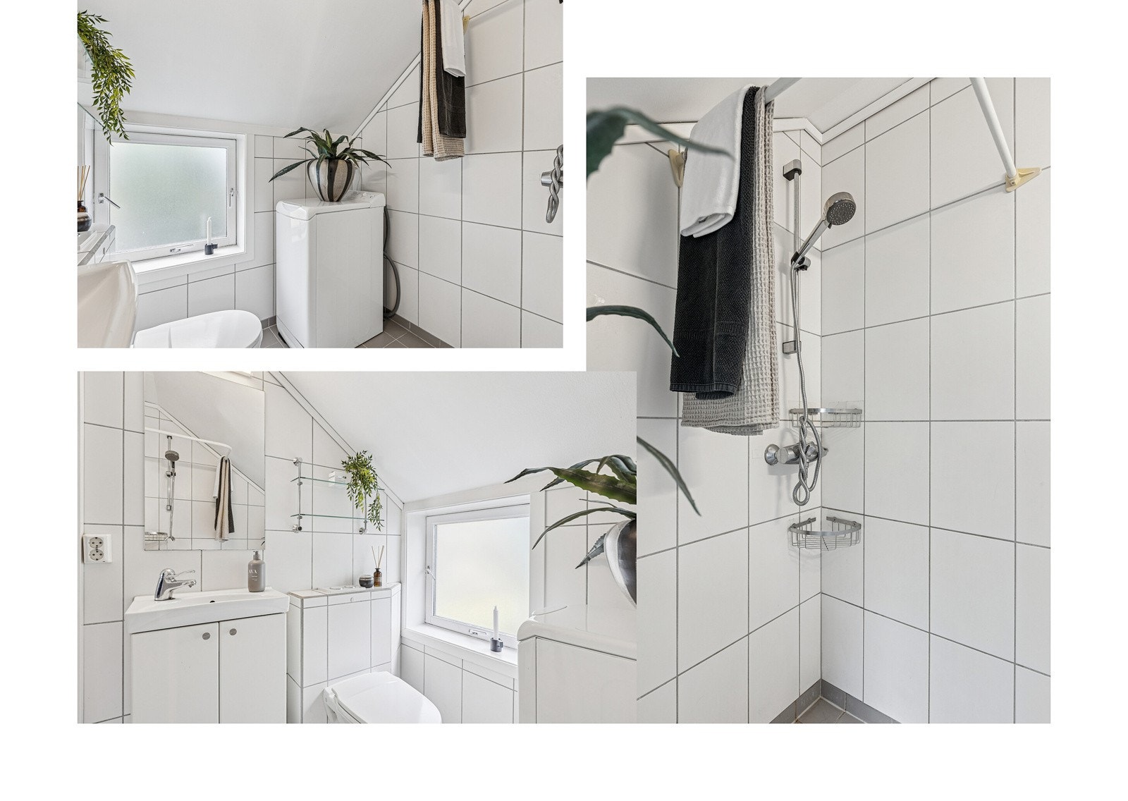 Badet er flislagt og det er varme i gulvet. Vaskemaskin medfølger i handelen. Galleribilde