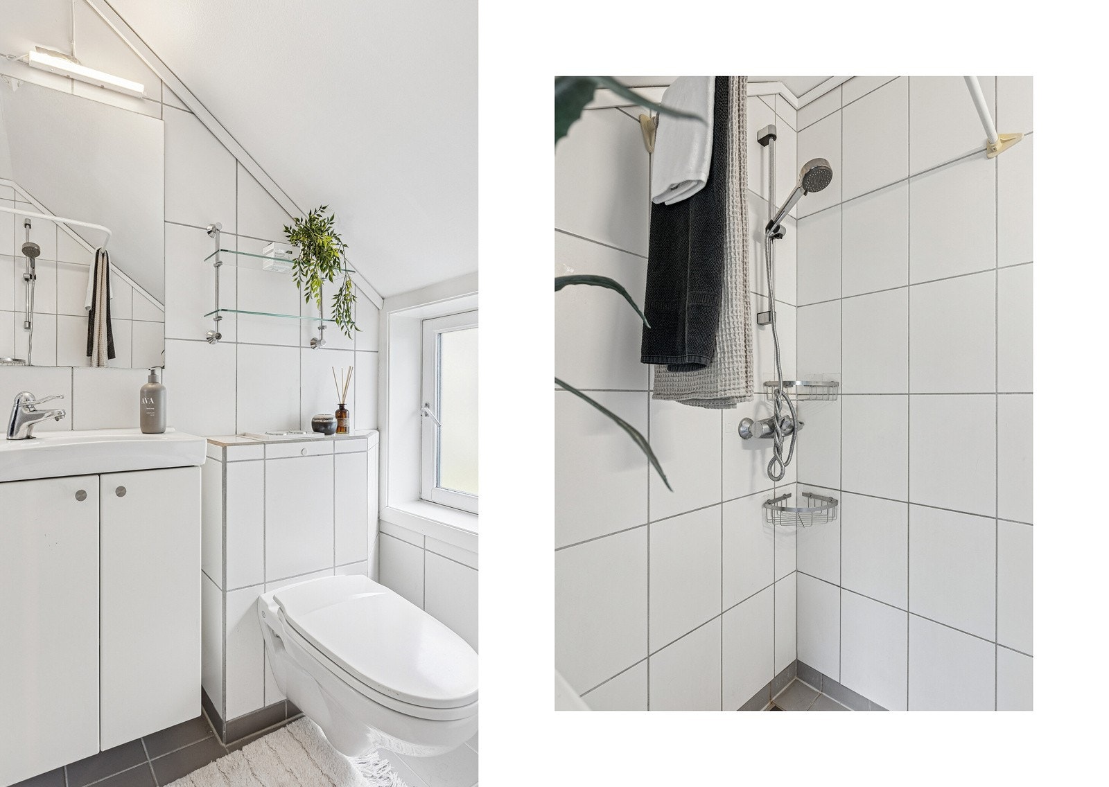 Badet i tidsnøytral utførelse er flislagt og det er varme i gulvet. Galleribilde