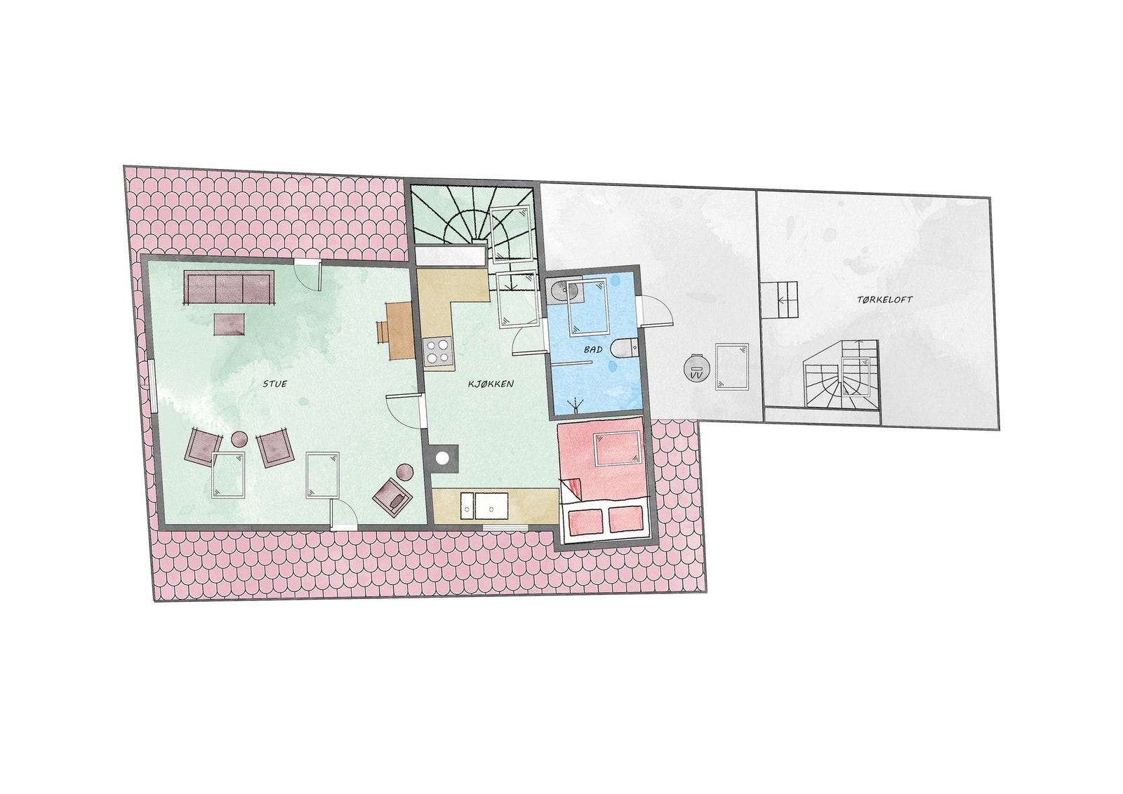 Loftsetasjen har et målbart areal på 25 m². Gulvarealet er totalt 30 m². Det er i tillegg et lagringsareal (tørkeloft) på loftet med gulvareal på 19 m² - dette arealet er ikke målbart pga. lav takhøyde. Galleribilde
