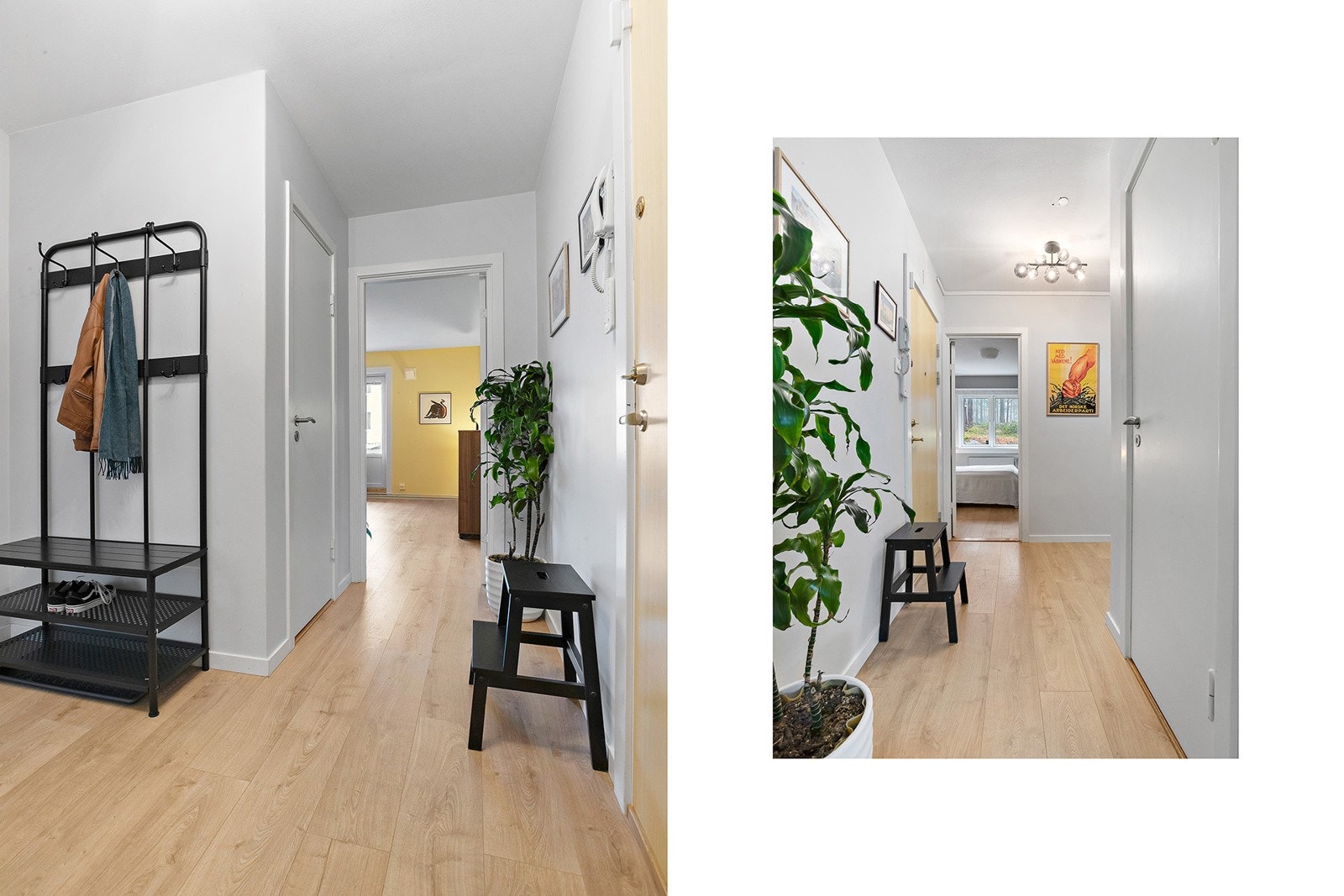 Praktisk entré med god plass til å henge fra seg ytterklær og sette fra seg sko. Videre har du tilgang til et plassbygd garderoberom/kott med plass til yttertøy, støvsuger mm Galleribilde