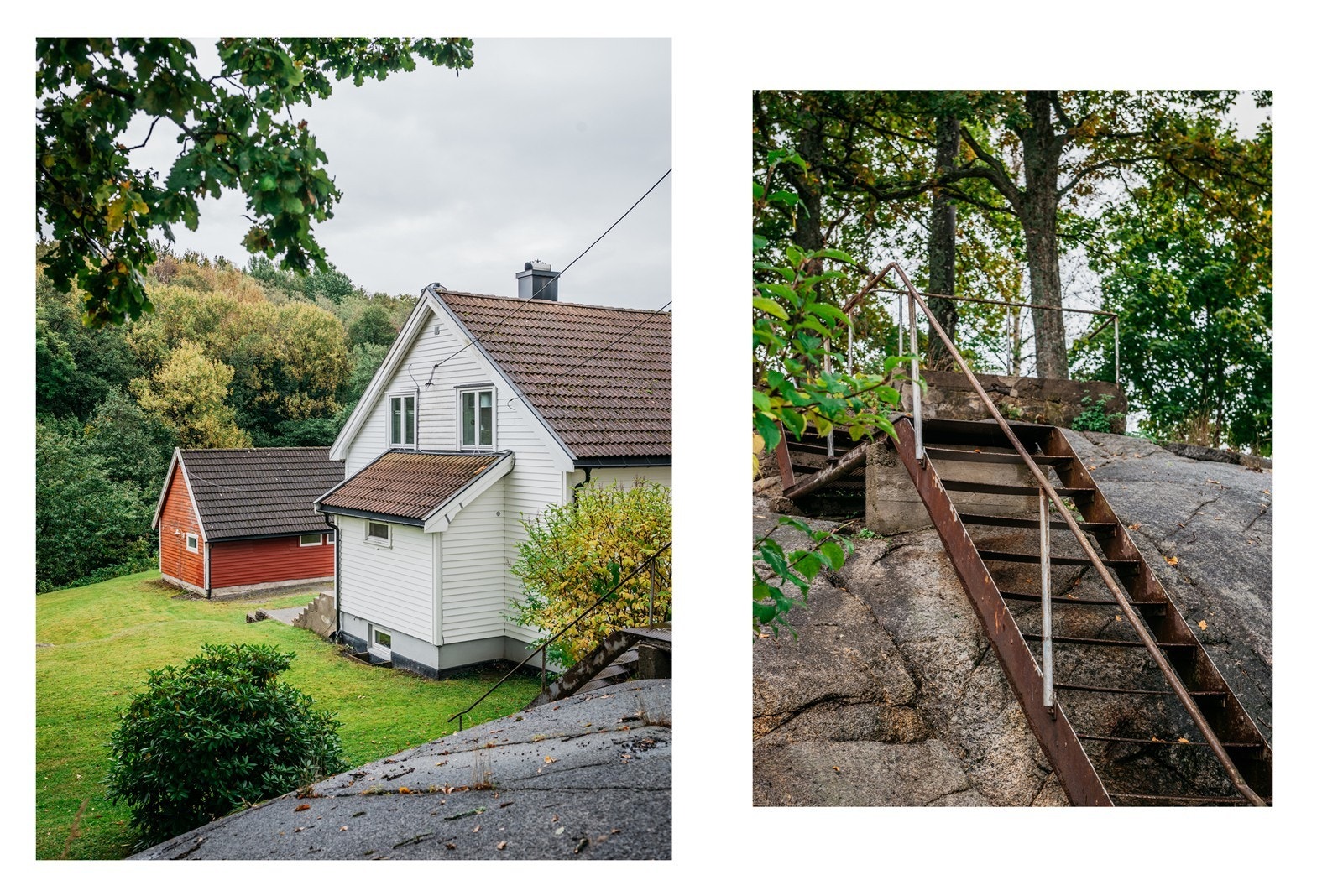 Bak eiendommen har du svaberg med trapp opp fra hagen Galleribilde