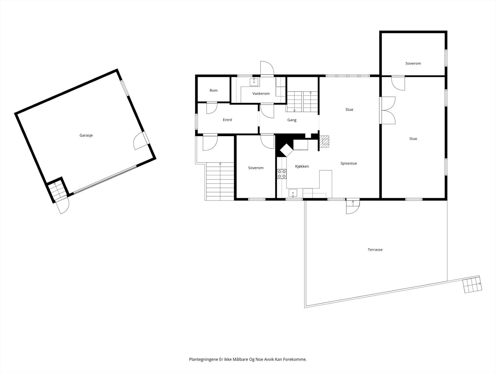Skissert plantegning av 1. etasje. Rommet definert som "soverom" med adkomst fra stuen, er opprinnelig byggemeldt som "kontor", men er medberegnet under antall soverom. Galleribilde