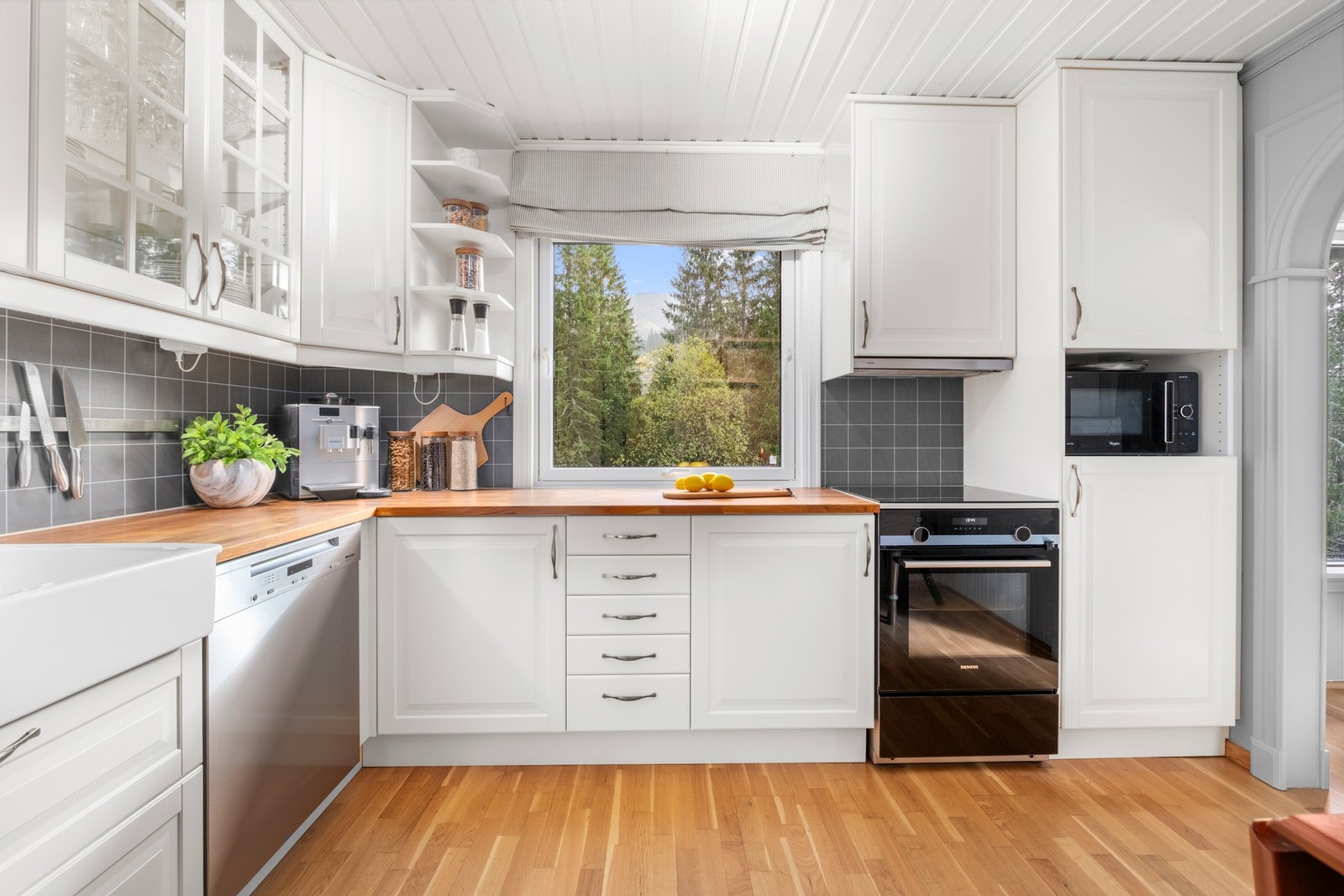 Innredning med mekanisk avtrekksvifte over stekesonen og opplegg for oppvaskmaskin. Galleribilde