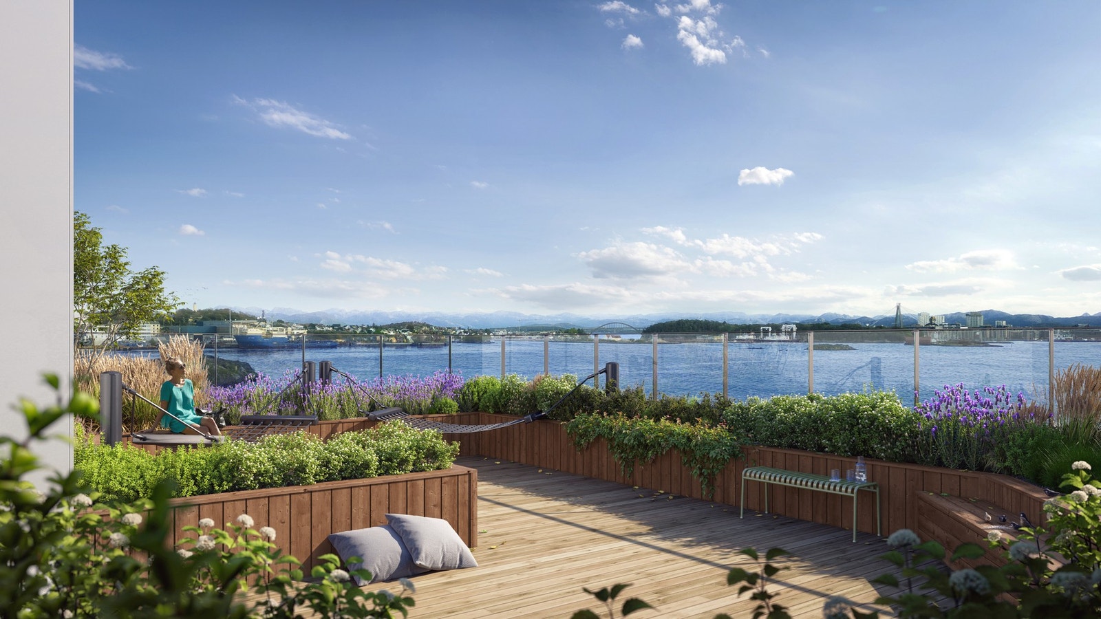 På taket i bygget kommer det stor flott takterrasse med flotte sol- og utsiktsforhold. Det gjøres oppmerksom på at illustrasjonen kun er ment for å danne et inntrykk og vil avvike fra endelig leveranse. Galleribilde