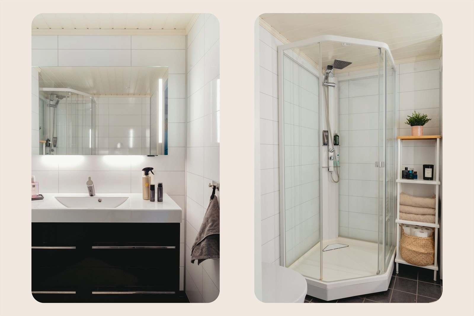 Badet er utstyrt med dusjkabinett, vegghengt toalett og innredning med servant. Galleribilde