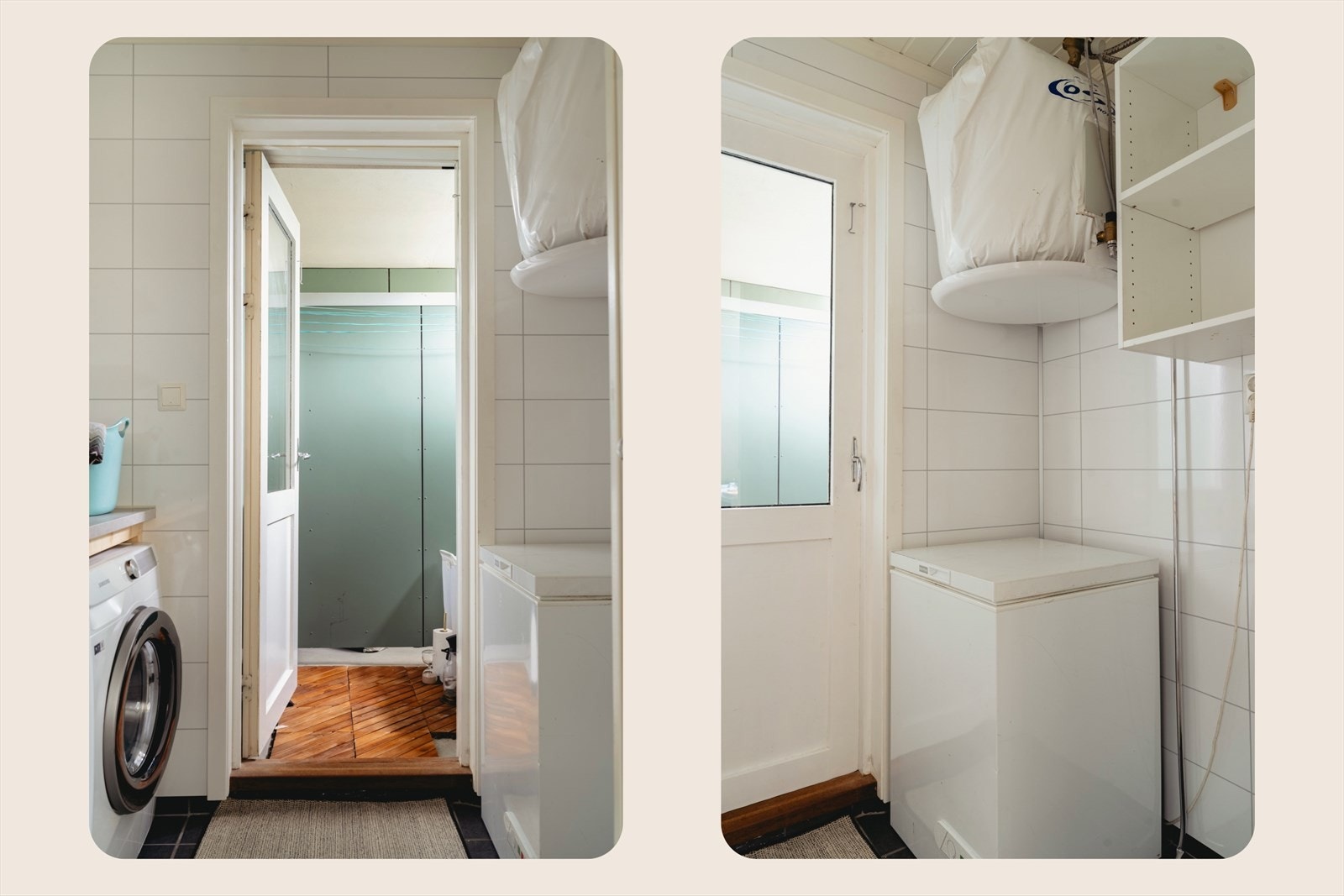 Leiligheten har eget praktisk vaskerom. Her er det i likhet med badet fliser på gulv, våtromsplater på vegger og en slett malt himling. Vaskerommet inneholder skyllekar og opplegg for vaskemaskin. Galleribilde