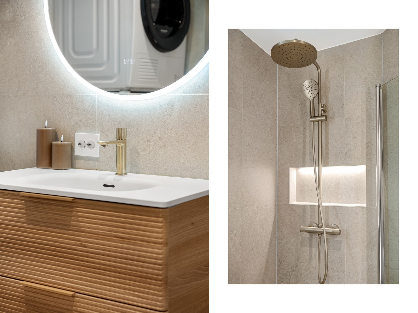 - Legg merke til håndlukkede detaljer som baderomsinnredning, speil, flott dusjarmatur og innfelt hylle i dusjen med lys - Galleribilde