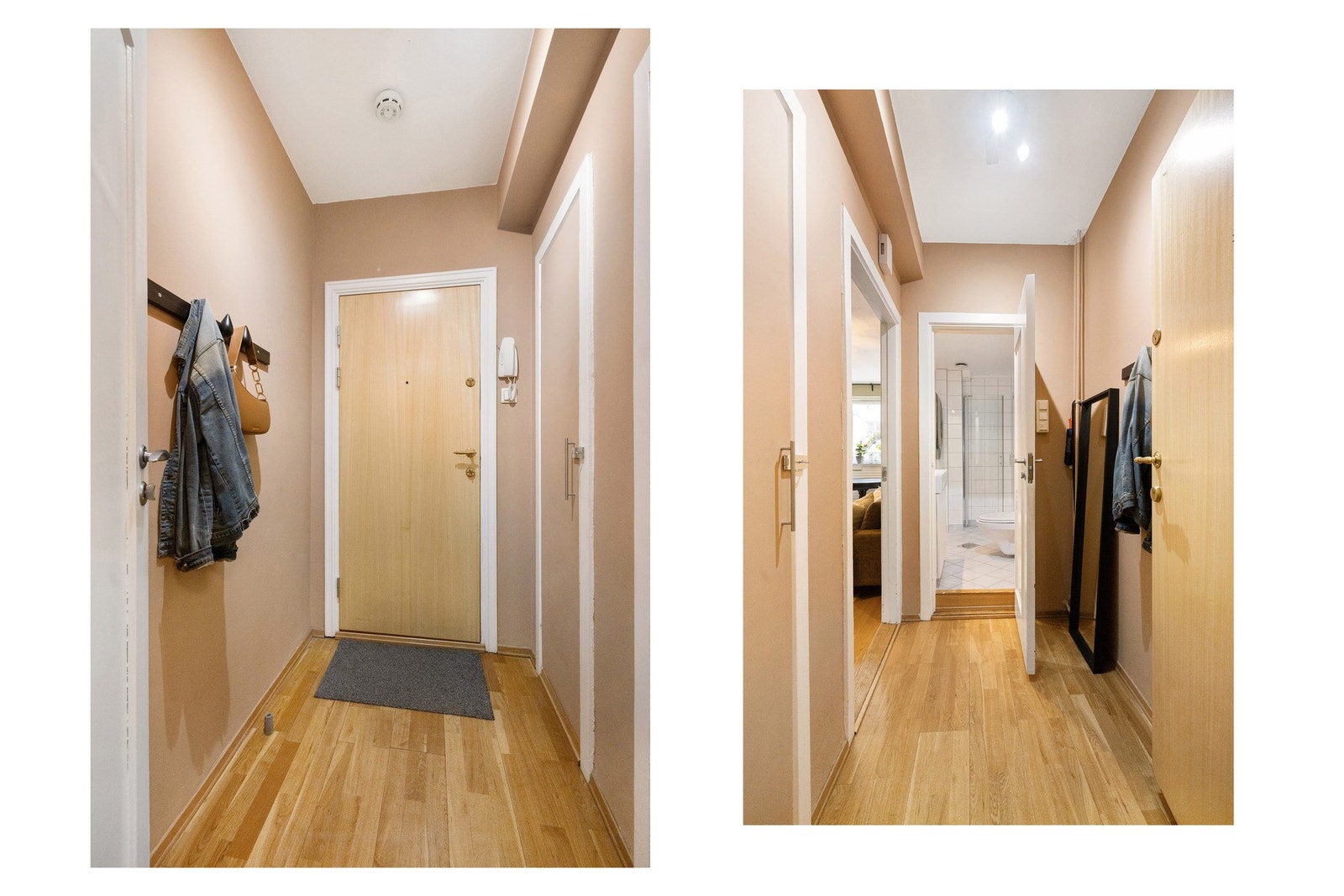 Entré, med kott inn t.h. Leiligheten ligger i byggets 4. etasje med heisadkoms topp. Sameiet har to innganger, hvor den ene inngangen har heis opp til rett ved inngangspartiet. Galleribilde