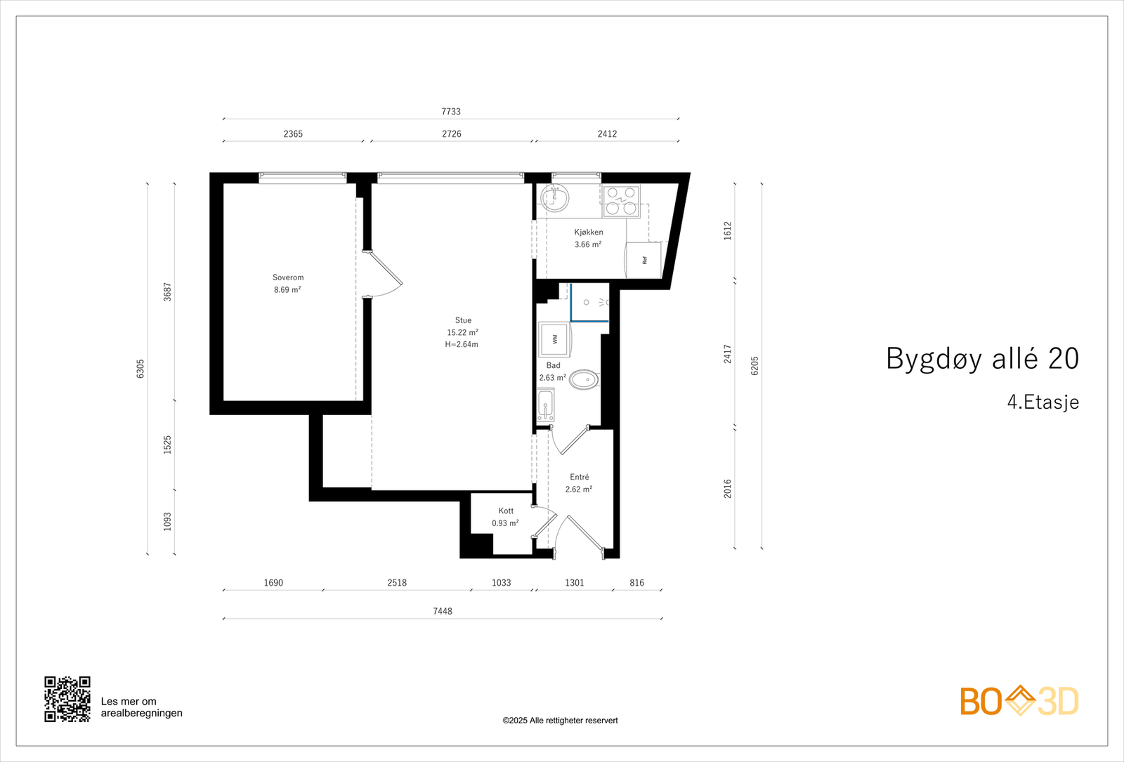 Plantegning. I tillegg disponerer leiligheten en kjellerbod. Galleribilde