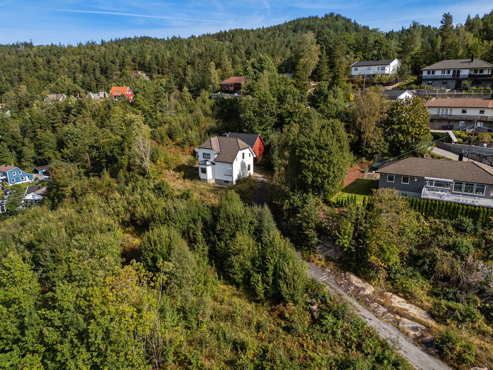 Dronefoto over eiendommen og vei opp til den Galleribilde
