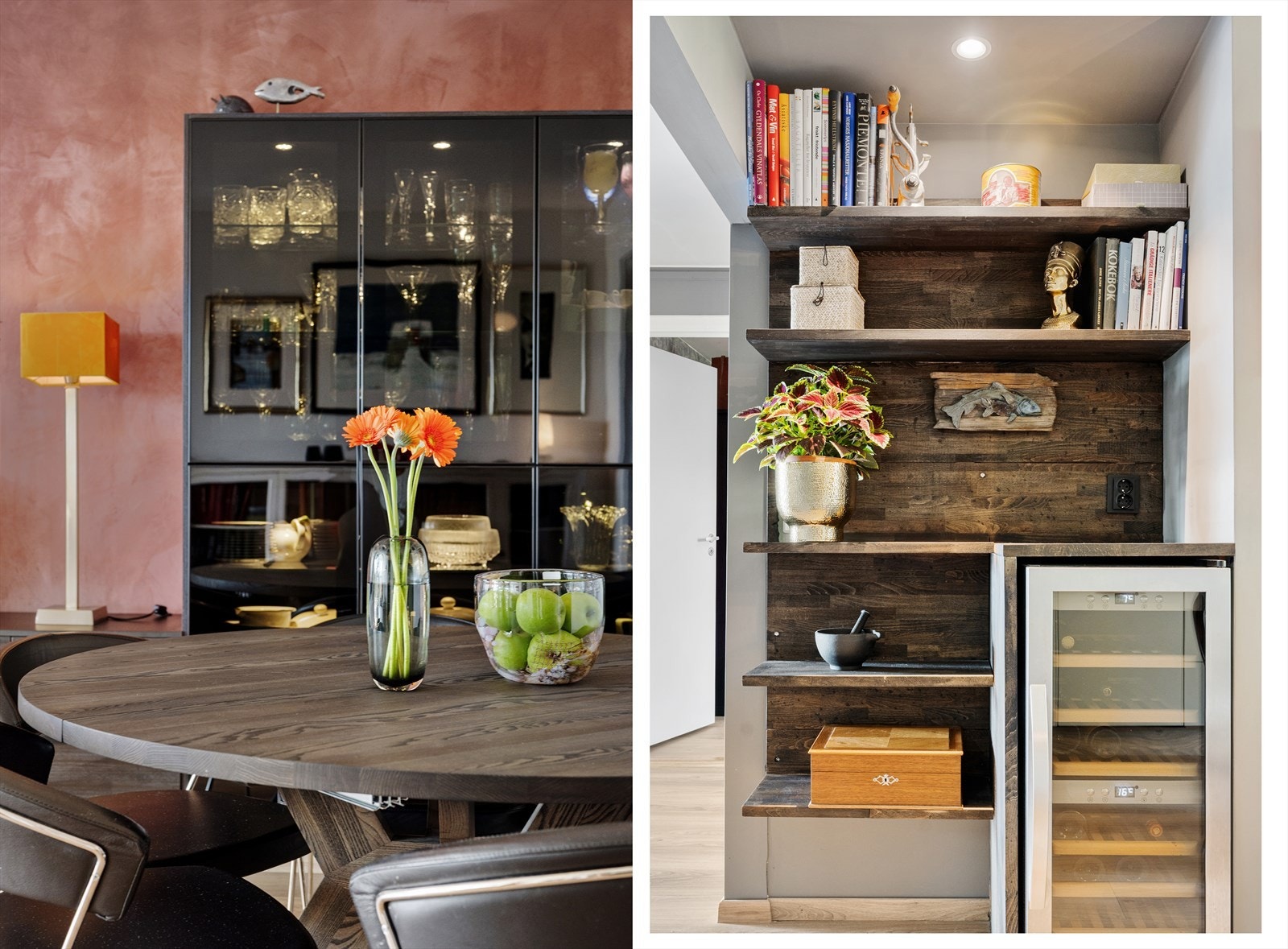 Leiligheten er stilfull og svær praktisk innredet i alle rom. Her fra spiseplass og tilpasset løsning på kjøkkenet. Galleribilde