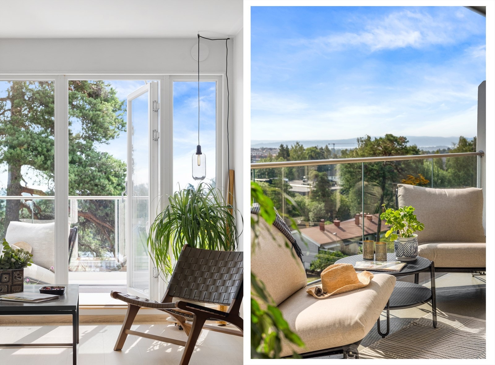 Sømløs overgang mellom stue og balkong med glassrekkverk. Her ser du skylinen over Bekkestua og Oslofjorden. Galleribilde