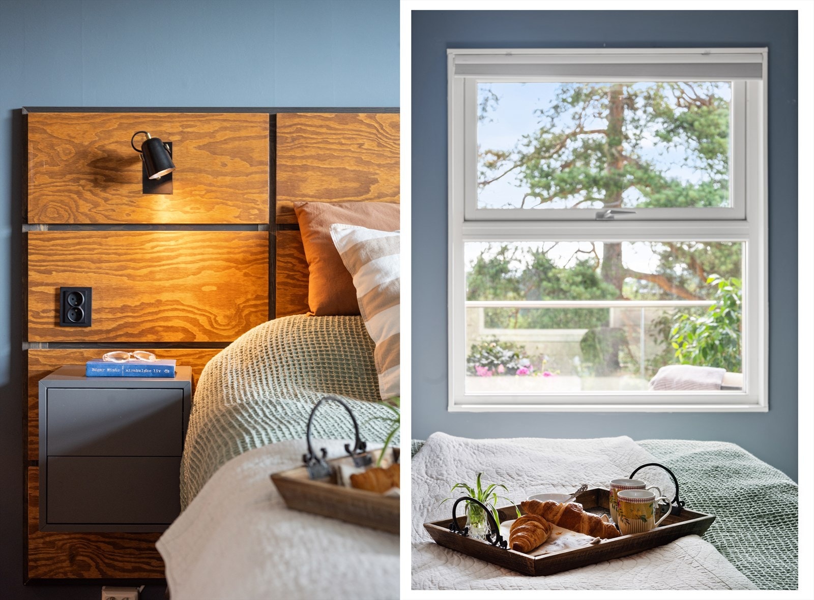 Hovedsoverommet er malt i en hyggelig og rolig farge. Her våkner du opp til utsikt over grøntområdet. Galleribilde