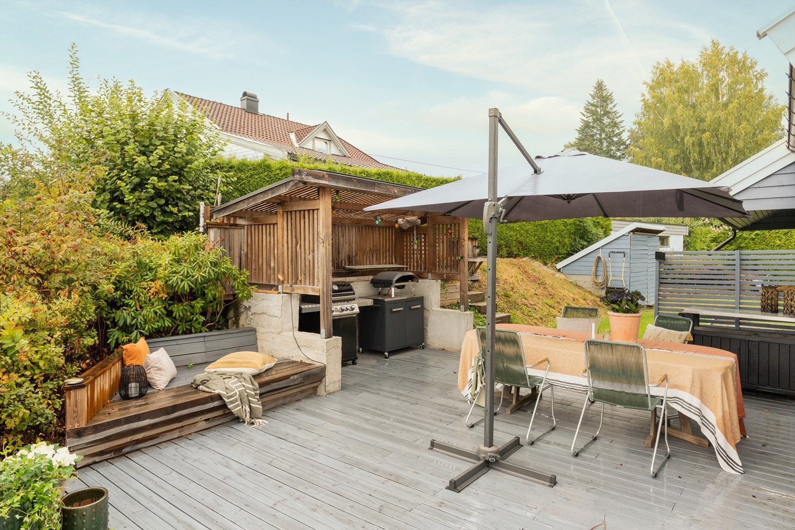 Hvem drømmer vel ikke om et hus med 82 kvm. idyllisk terrasse med sol hele dagen og sent på kvelden. Her kan man skape sin egen grønne oase med utekjøkken, jacuzzi osv Galleribilde