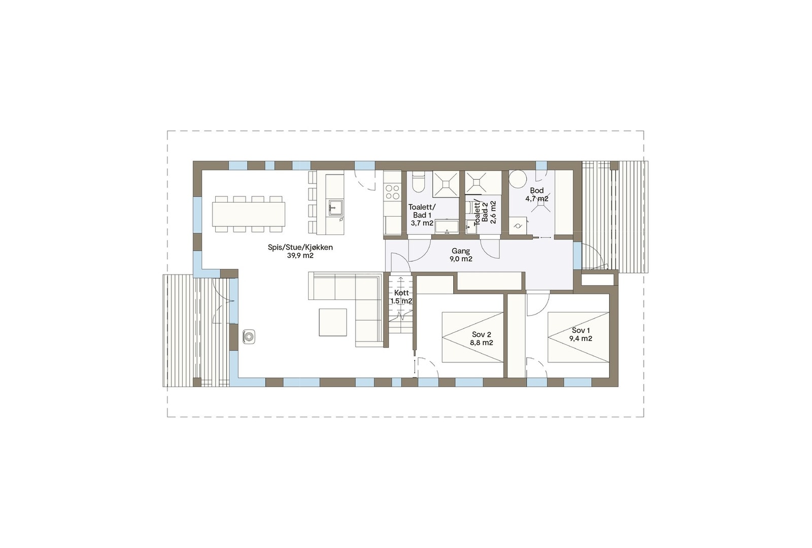 Plantegning Vy23CTHS. Modellen har sideinngang for best mulig tilpasning av tomt. Galleribilde