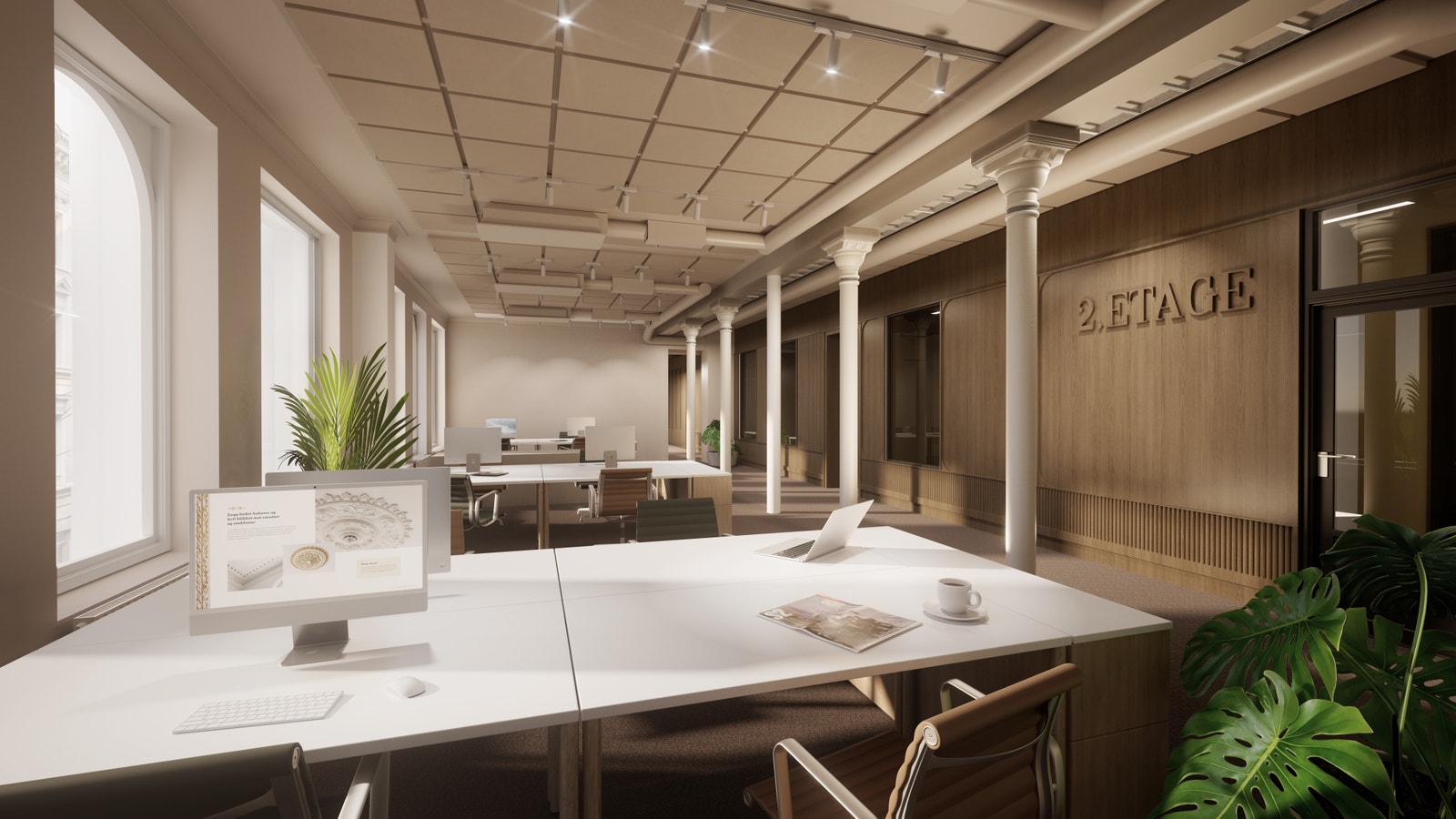 I kontoretasjene finner man høy detaljeringsgrad og gode kvaliteter på materialet, 3D-dimensjonalitet og skreddersøm kjennetegner interiøret. Galleribilde