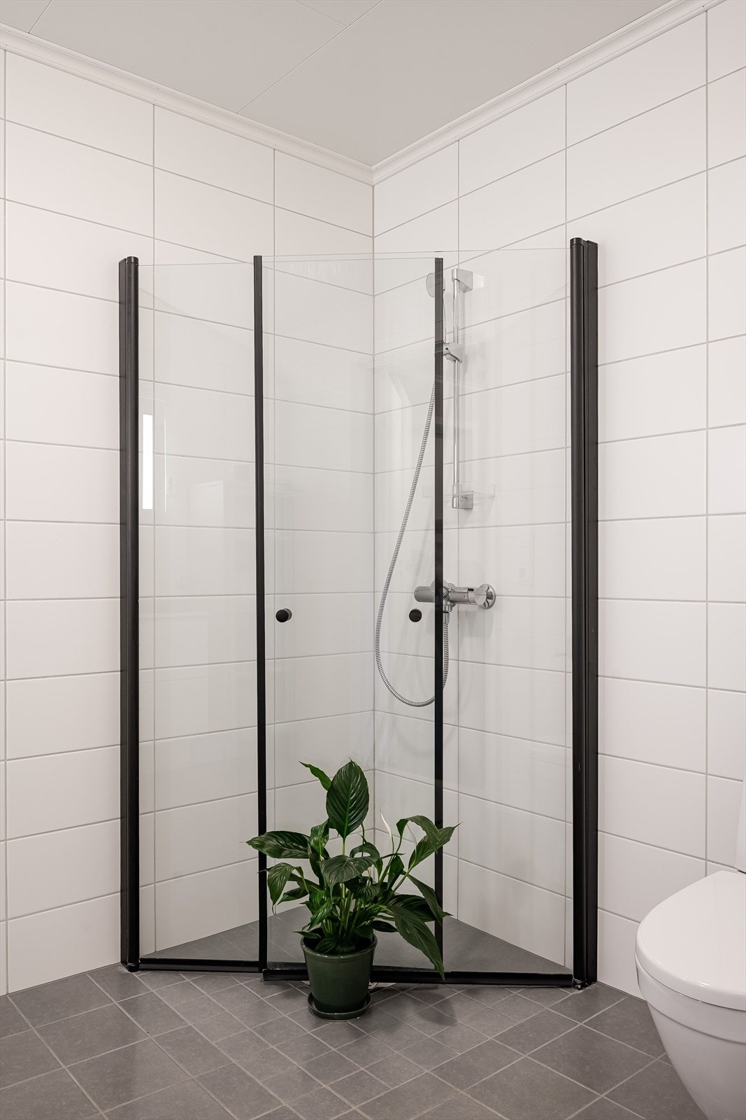 Baderommet er også utstyrt med dusjhjørne med innfellbare glassdører og vegghengt toalett. Galleribilde