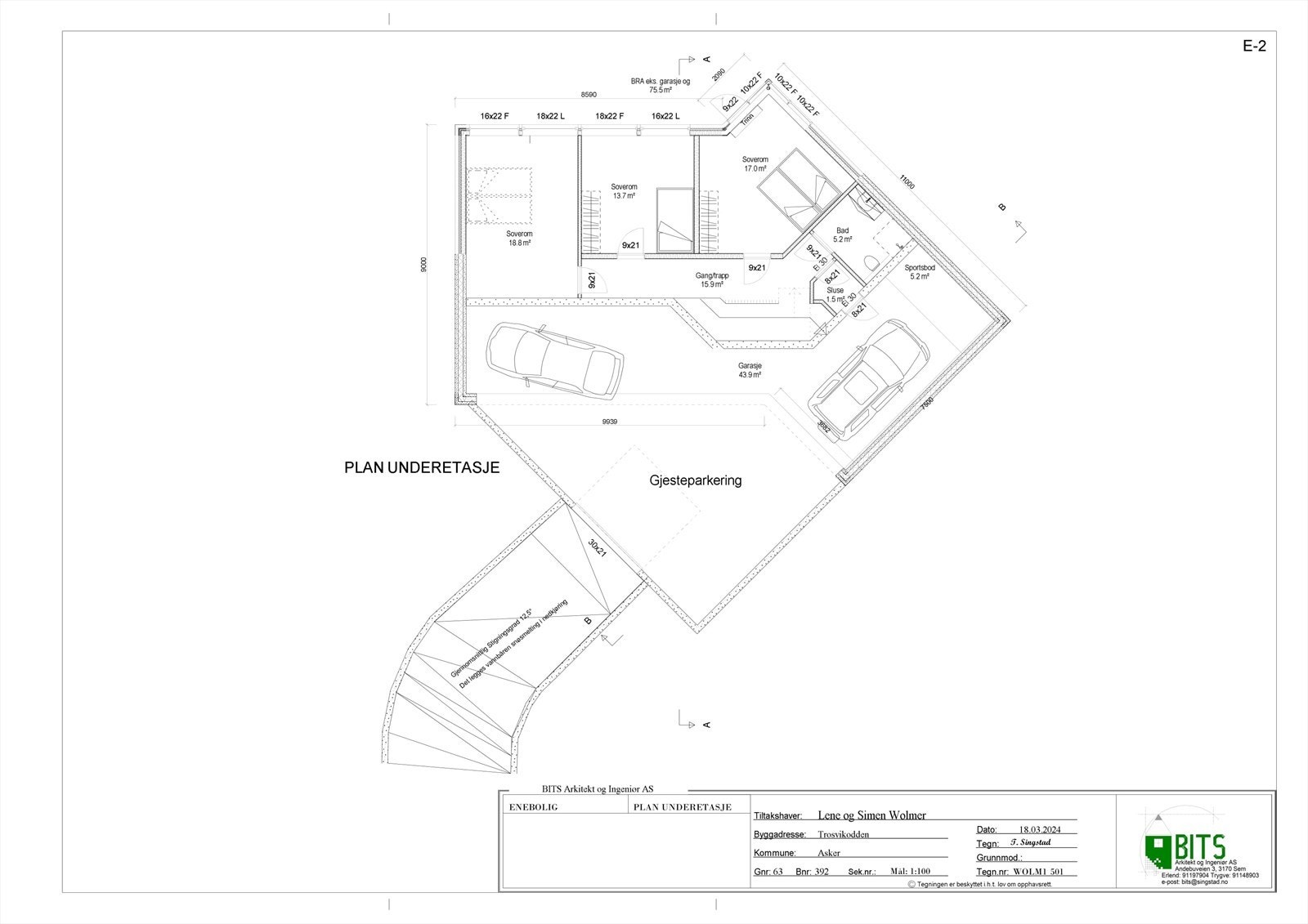 Rammetillatelse - Plantegning av underetasje med integrert garasje. Galleribilde