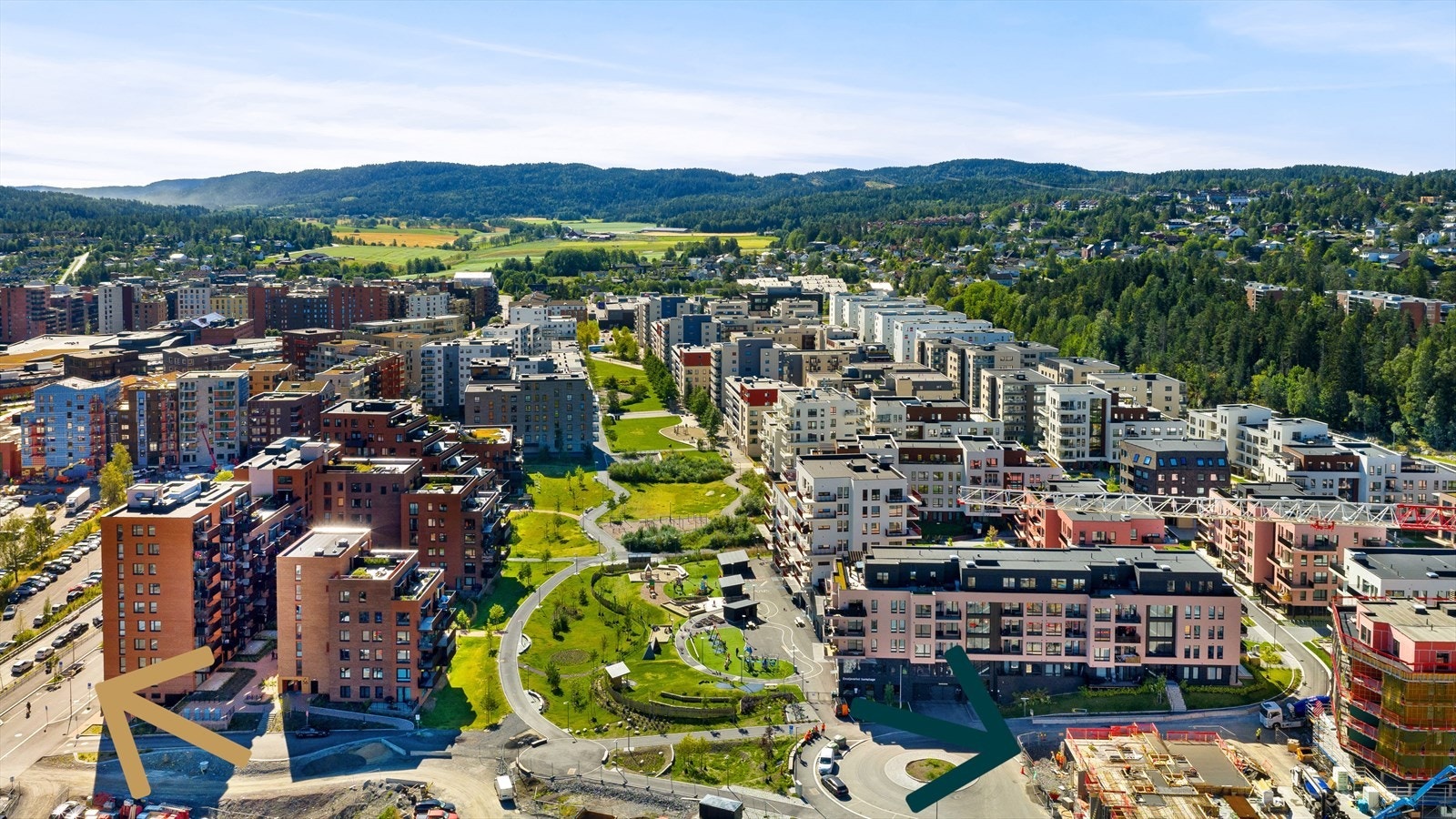 Grønn pil - Hus FGH. Gyllen pil - Parker i Rådmann Paulsens gate ved visning. Galleribilde