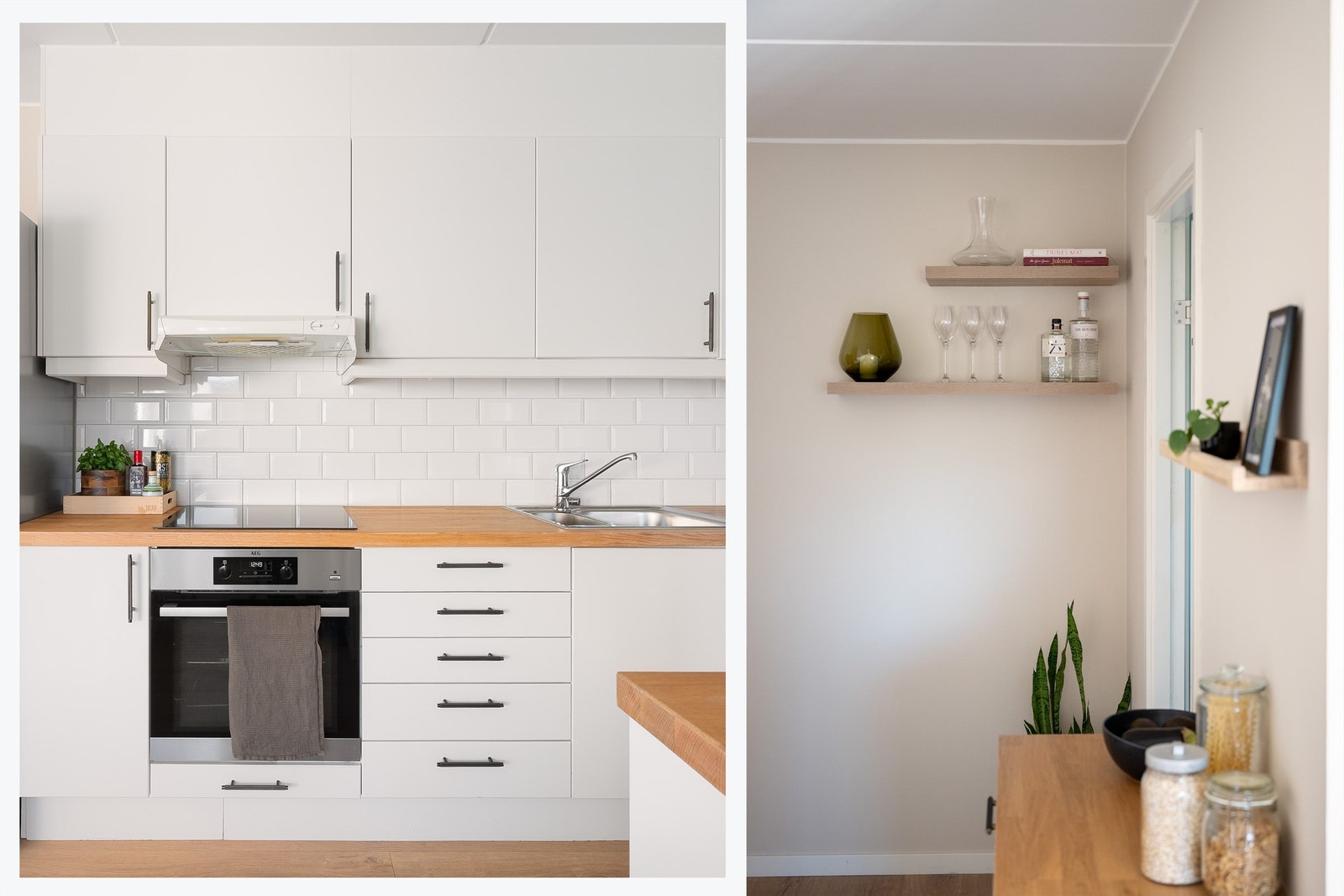 Hvitevarene er sømløst integrert og består av stekeovn, oppvaskmaskin og platetopp. Hvitevarene er av nyere dato. Galleribilde
