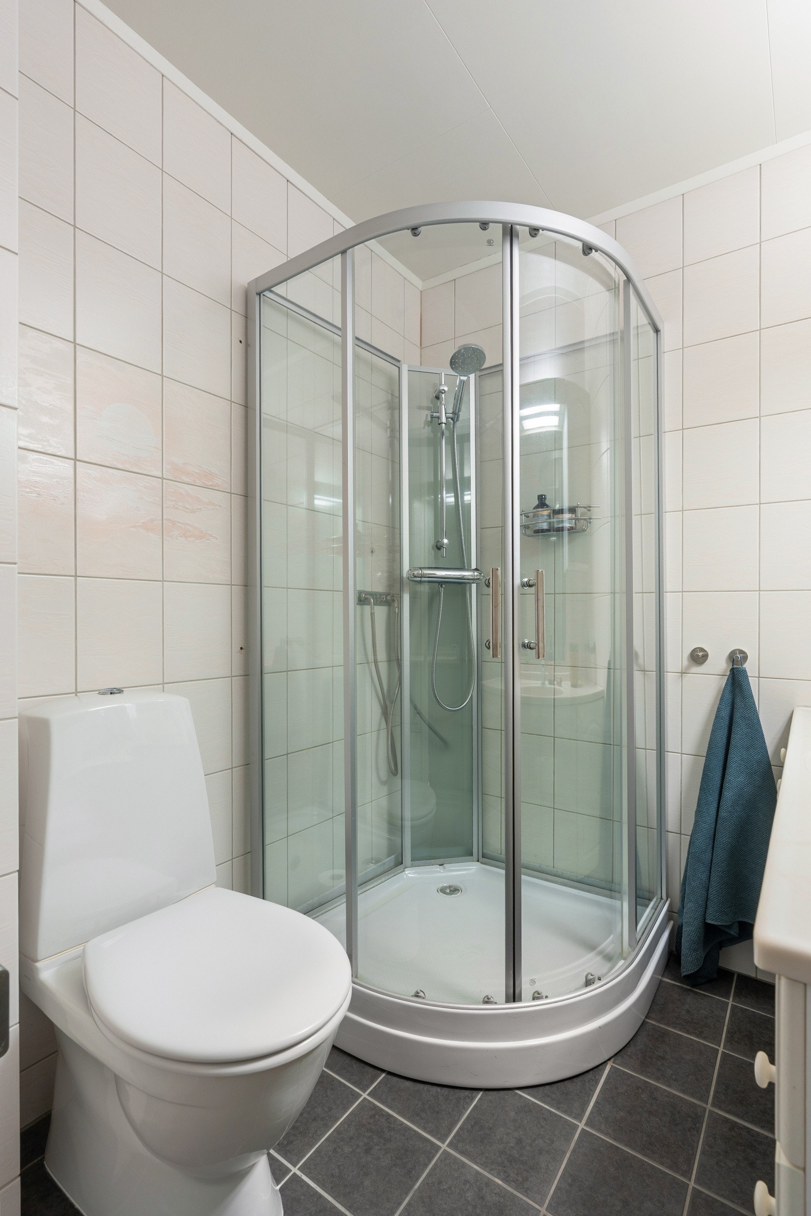 Badet er utstyrt med wc, dusjkabinett og baderomsinnredning med oppbevaringsplass.