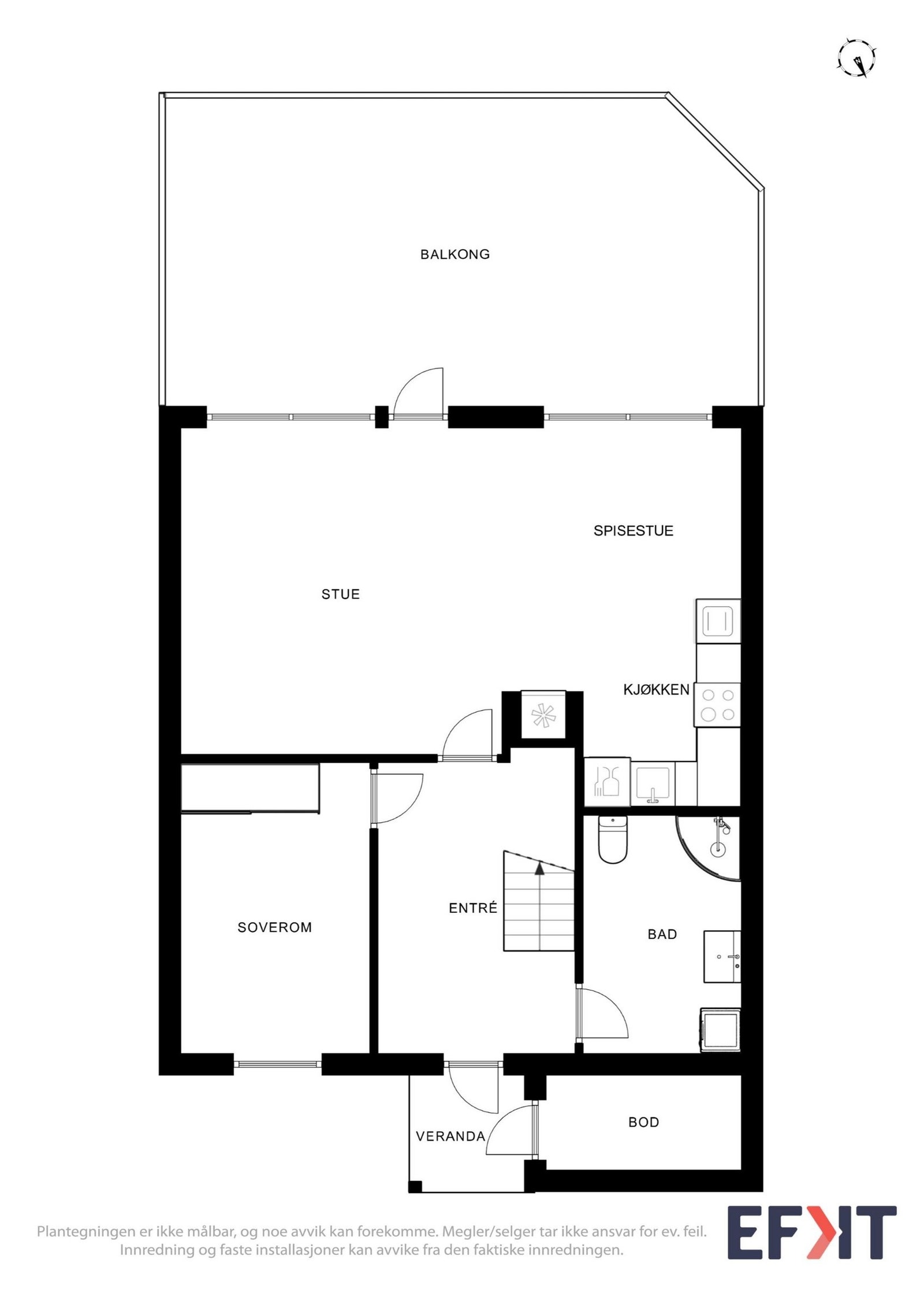 Plantegning for 1.etasje. 1.etasje inneholder et bad, et soverom, stue og kjøkken. Samt en utvendig sportsbod. Galleribilde