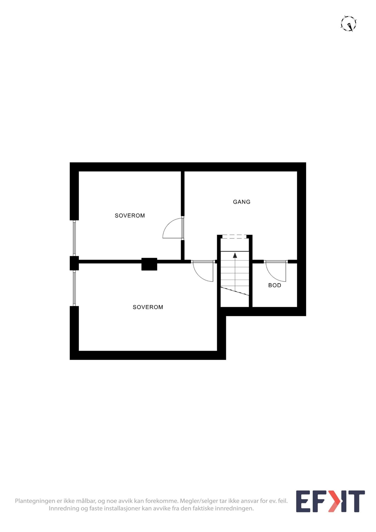 Plantegning for 2.etasje. 2.etasje inneholder 2 soverom og en bod. Galleribilde