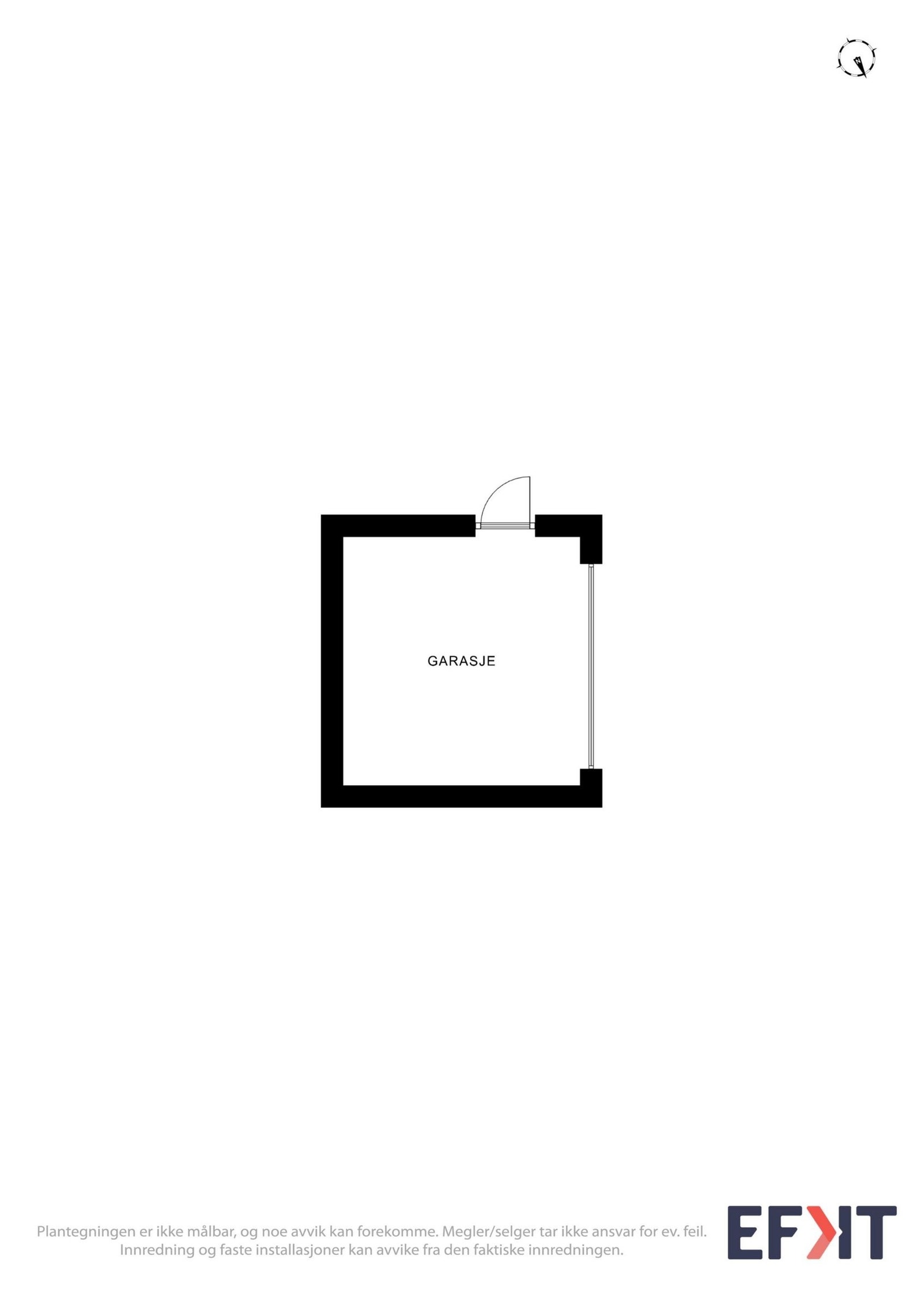 Plantegning for garasjen. Her er det lagt inn strøm, montert lys/spotter, elektrisk port og satt inn ny dør i 2023. Galleribilde