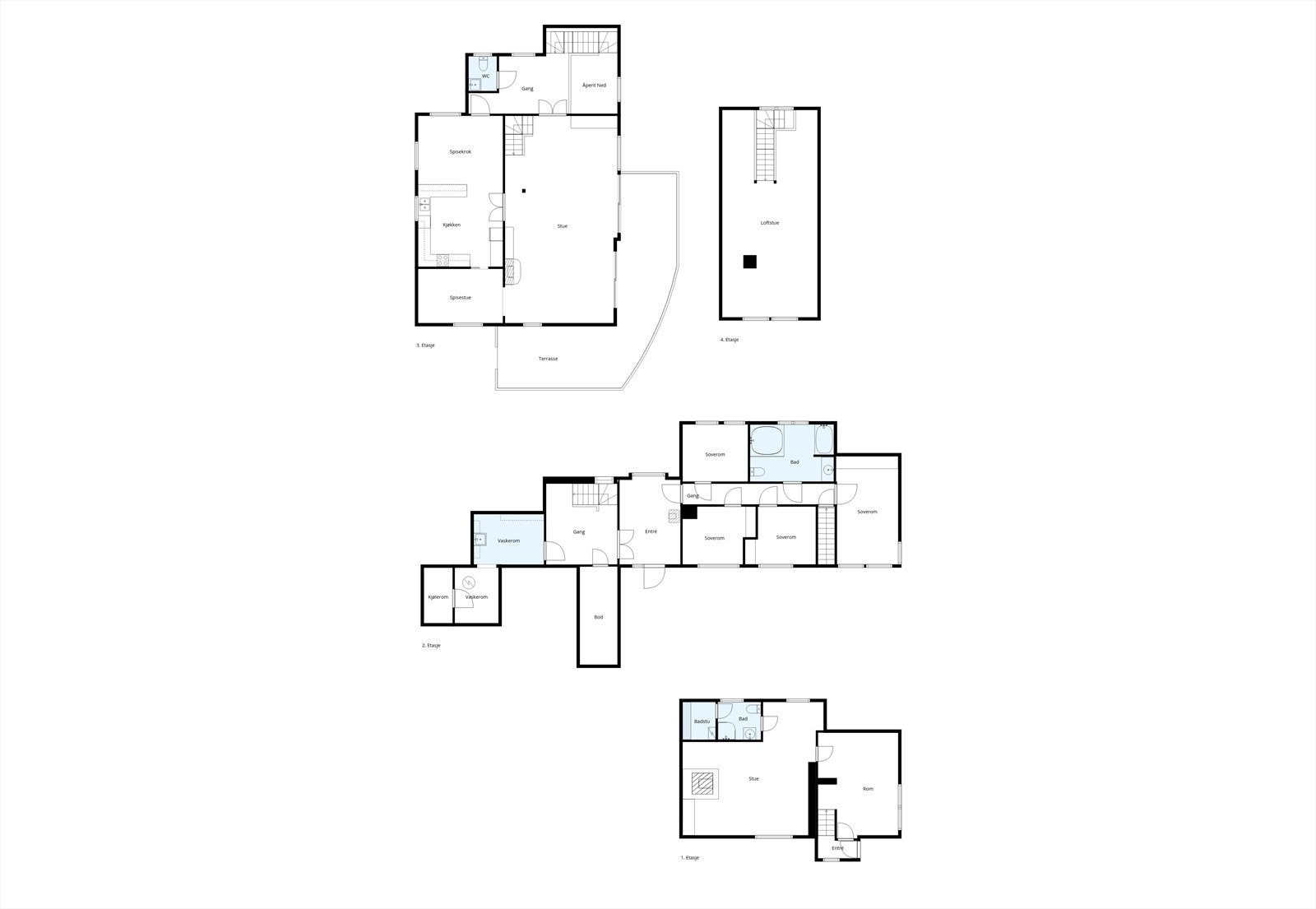 Bolig med to hovedplan (1. og 2. etasje), samt to mindre plan (underetasje og loftetasje). Galleribilde