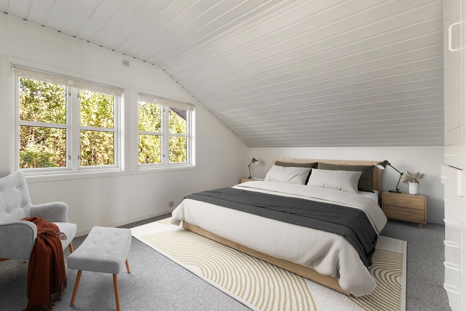 Det er ett soverom på loftet. Dette er som de andre soverommene også god på størrelse. (Digitalt stylet) Galleribilde