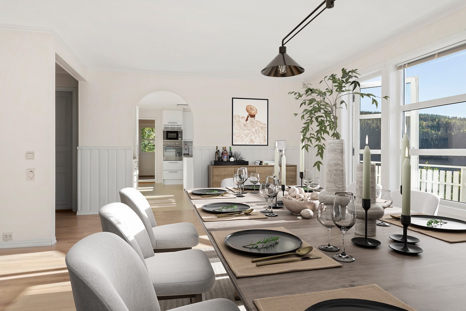 Innbydende spisestue med store vinduer, god plass til gjester og enkel adkomst til kjøkkenet. (Digitalt stylet) Galleribilde