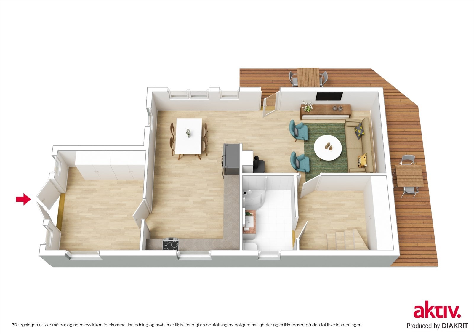 Plantegning i 3D for 1. etasje. Galleribilde