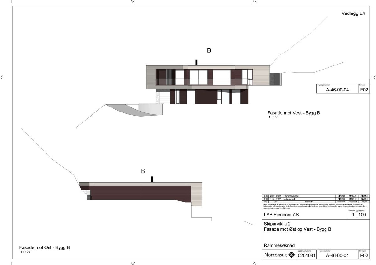 - Fasadetegning bygg B sett fra øst og vest - Galleribilde