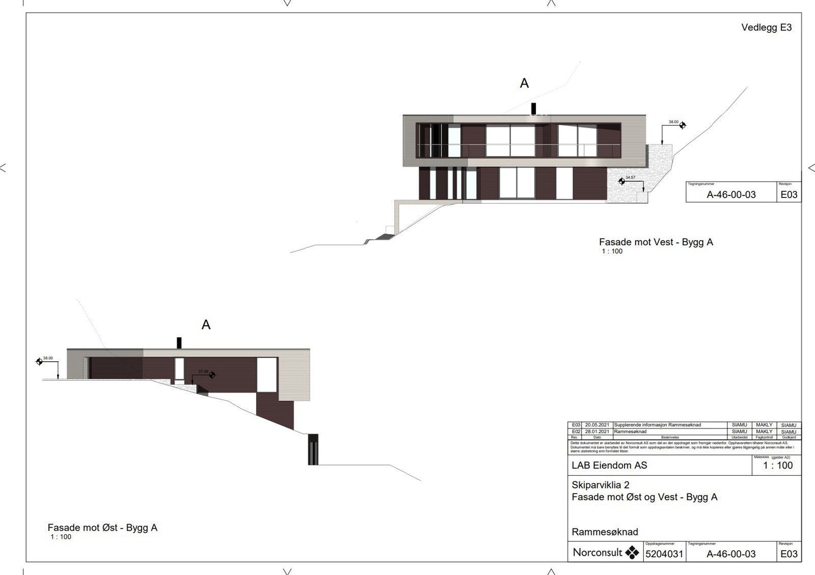 - Fasadetegning bygg A sett fra øst og vest - Galleribilde