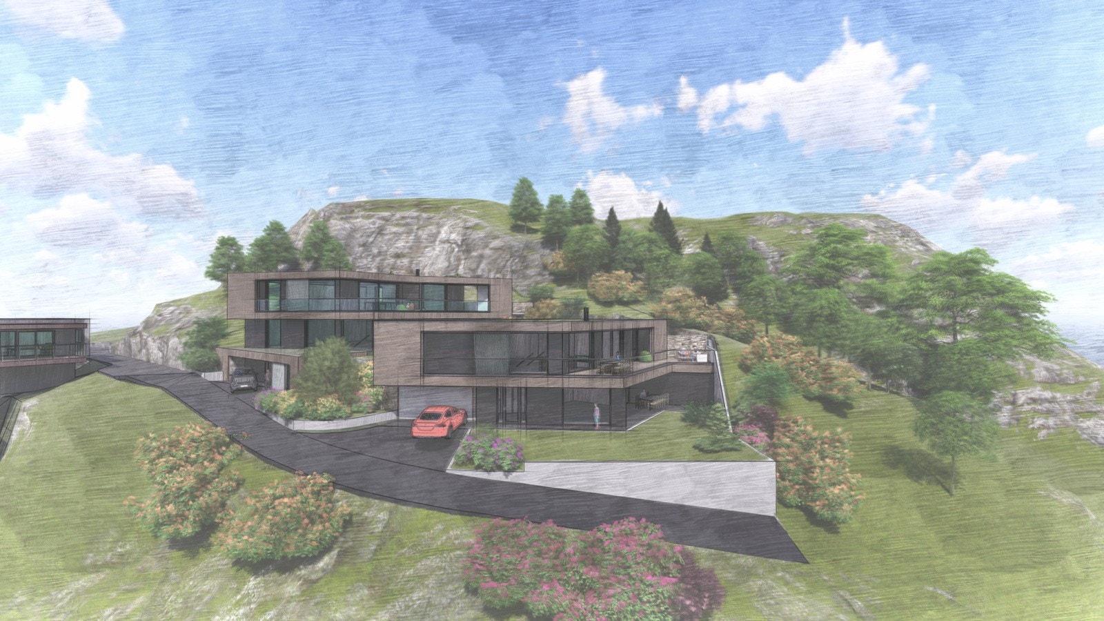 Det foreligger rammetillatelse til oppføring av to lekre eneboliger med integrerte garasjer. (Skisse laget av Norconsult) Galleribilde