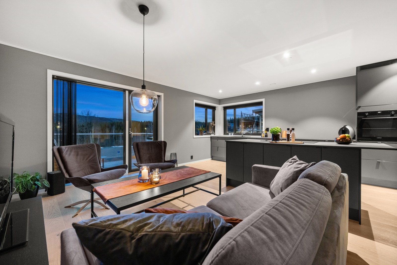 Sosialt allrom med stue, spisestue og kjøkken. Galleribilde